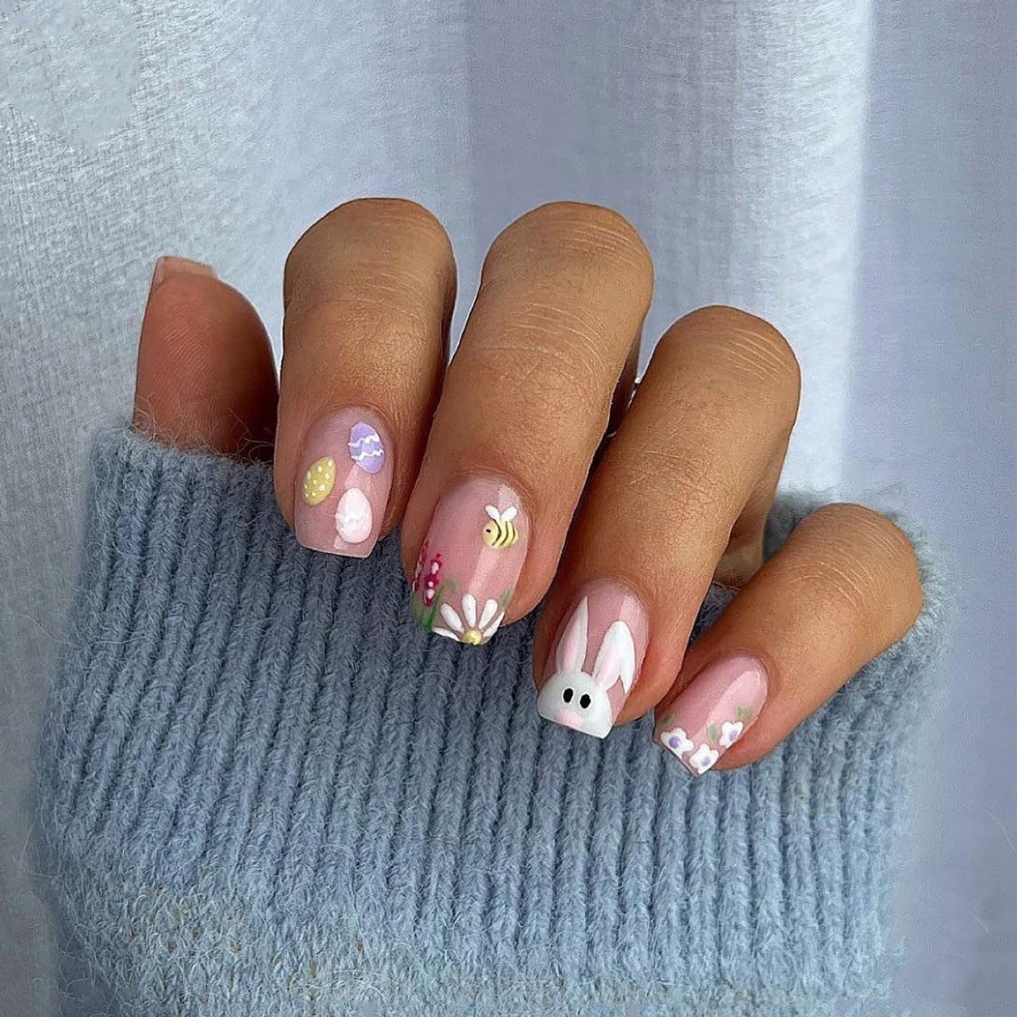 French Tip Press-On Nails - Short Square Floral Design with 3D Rhinestones | 24 Pcs Glossy Acrylic Set