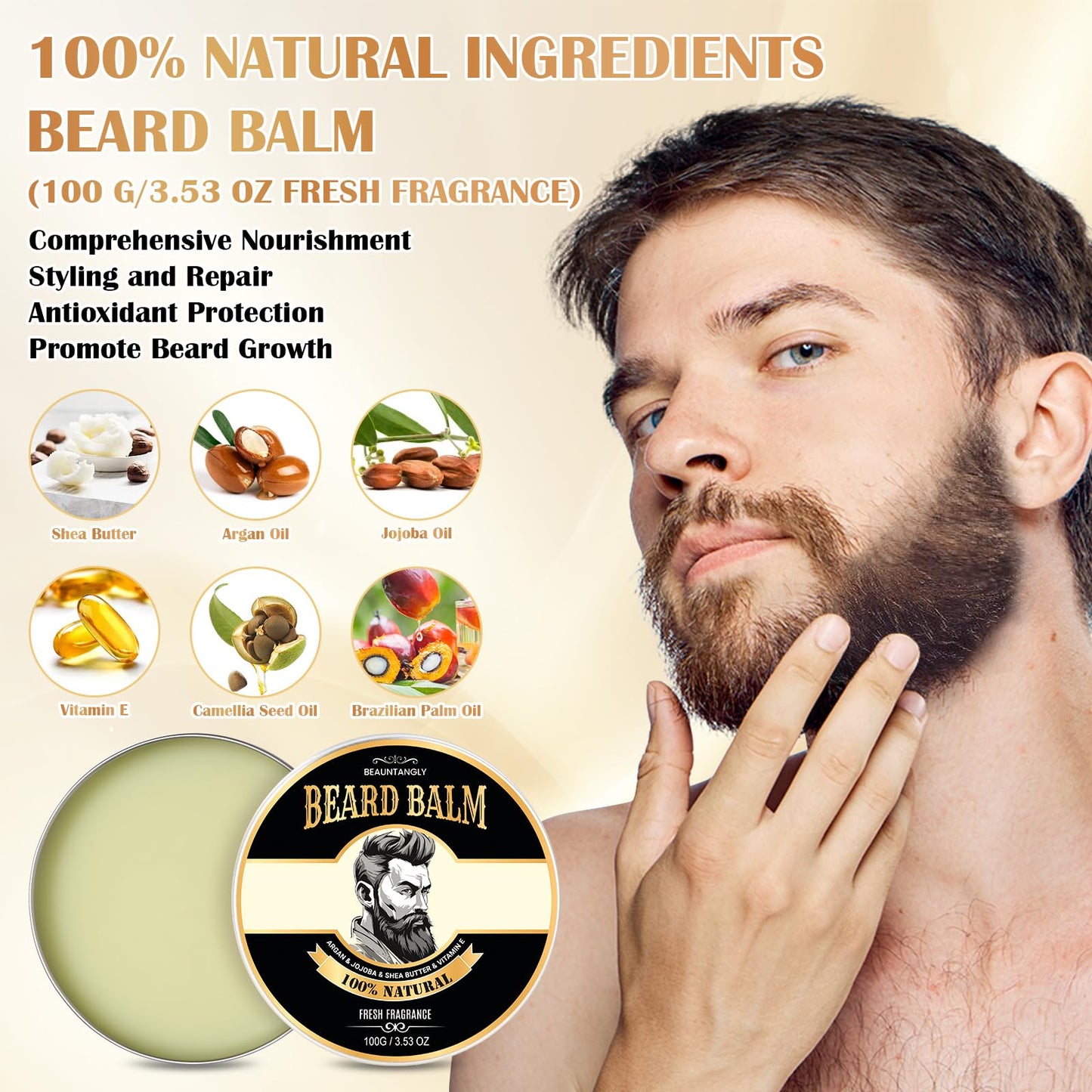 2 PACK Beard Balm for Men, 100% Natural with Shea Butter, Argan Oil, Jojoba Oil, Vitamin E - 7.06 OZ Beard Softener Moisturizer for Men