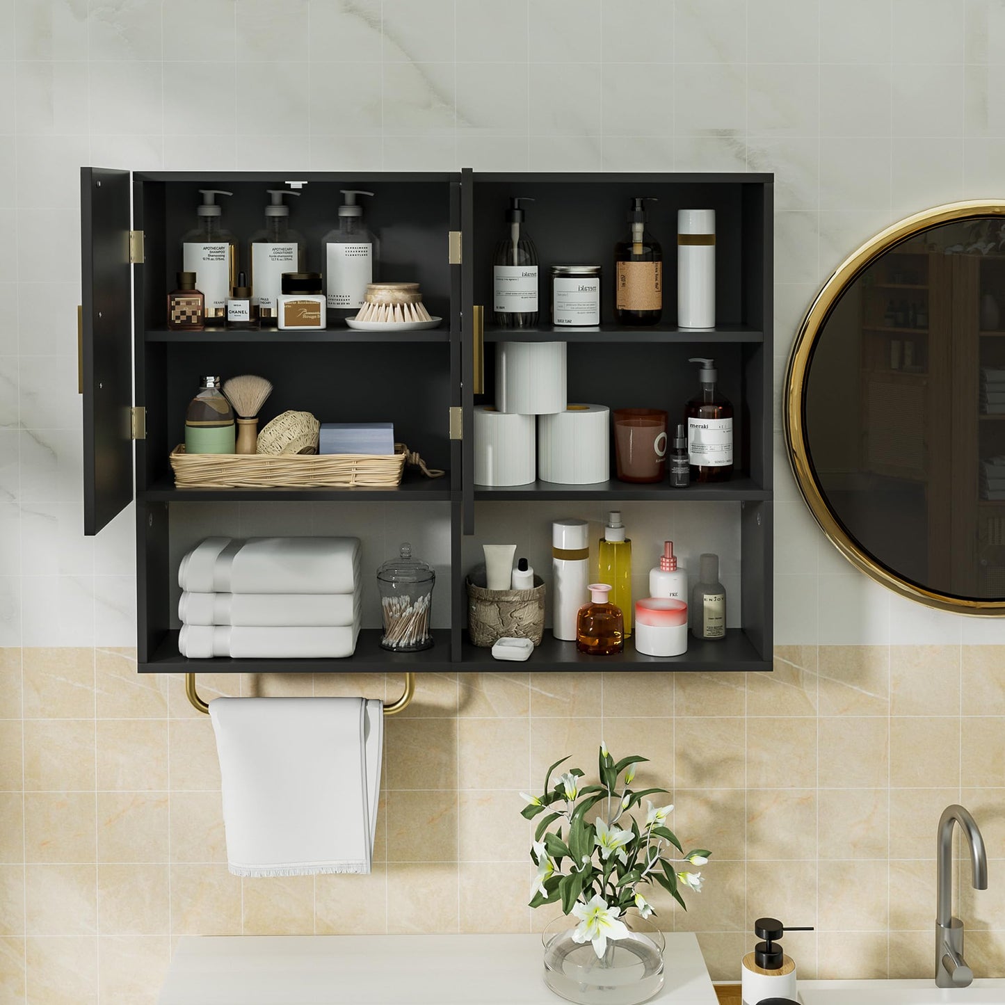 Tltaroni Bathroom Wall Cabinet Wood Large Wall Mounted Medicine Cabinet with 2 Doors and 4 Open Shelves Over Toilet Storage Cabinet Organizer with Towel Bar, Black