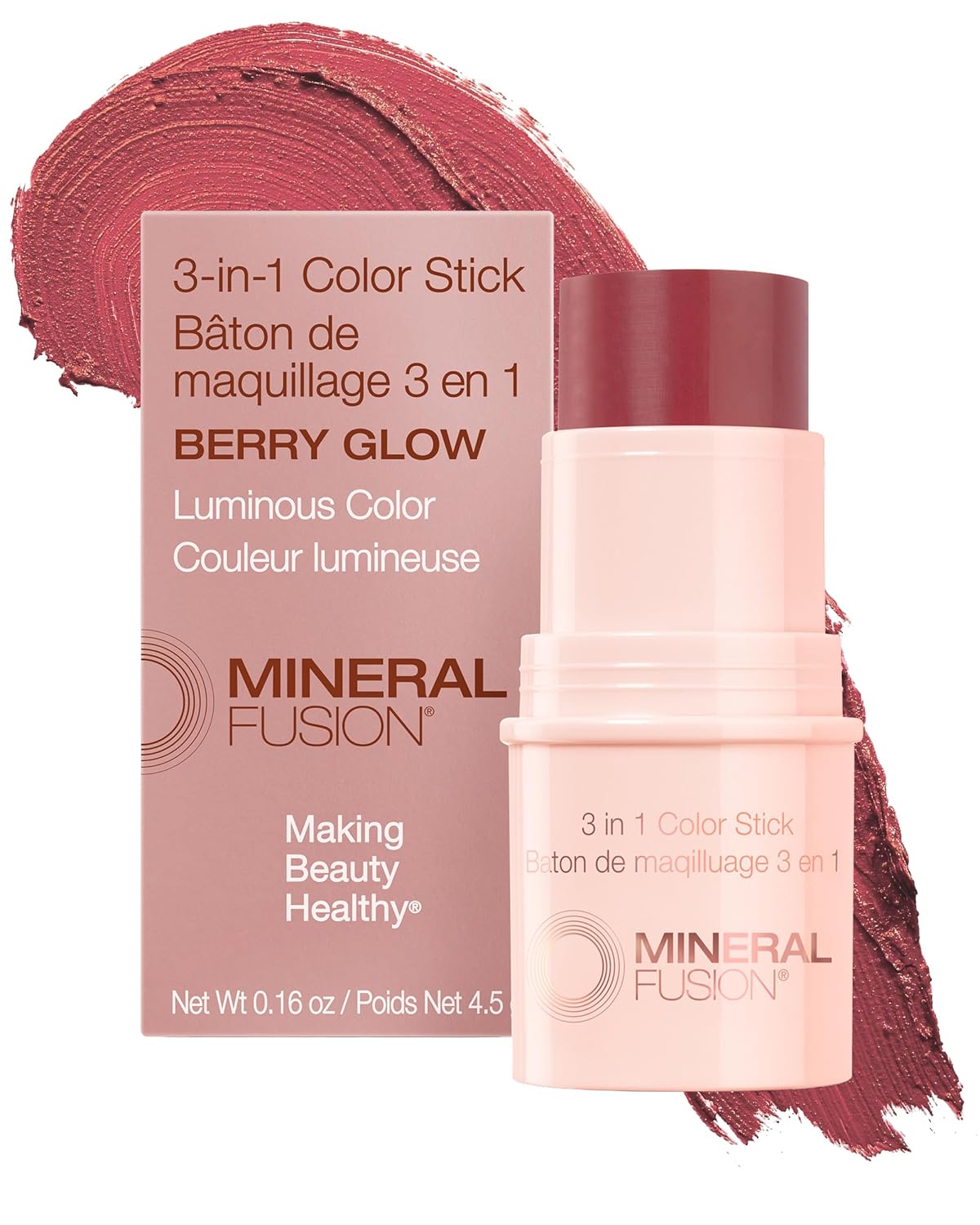 Mineral Fusion 3-in-1 Color Stick | Hydrating Tinted Cream Blush for Cheeks, Lips, and Eyes - Berry Glow