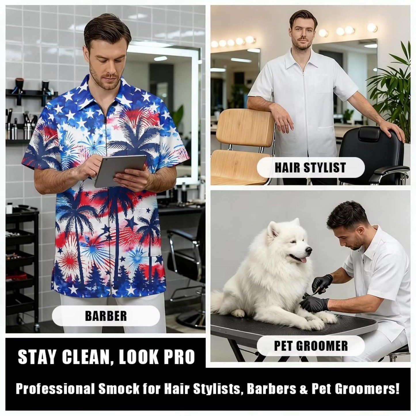 Srengjodk Blue Waterproof Pet Grooming Workwear Short Sleeves Dog Groomer Smock Anti Static Capes For Hairstylist,Baber With Full Zipper & Pocket America Style L S