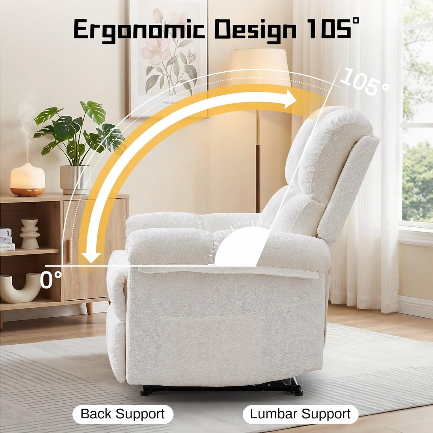 Recliner Chair - Upholstered Manual Recliner for Small Spaces | Modern Chenille Design in Beige with Side Pockets