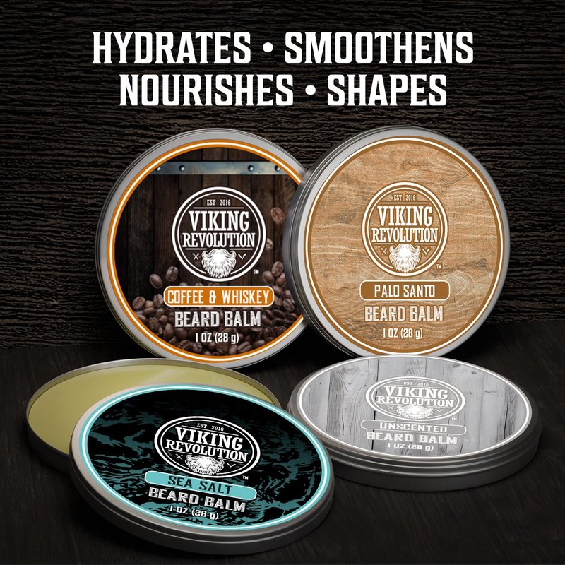 Viking Revolution 4 Beard Balm Variety Pack (1oz Each) – Coffee & Whiskey, Palo Santo, Sea Salt and Unscented – Styles, Strengthens & Softens Beards & Mustaches – Leave-In Conditioner Wax for Men