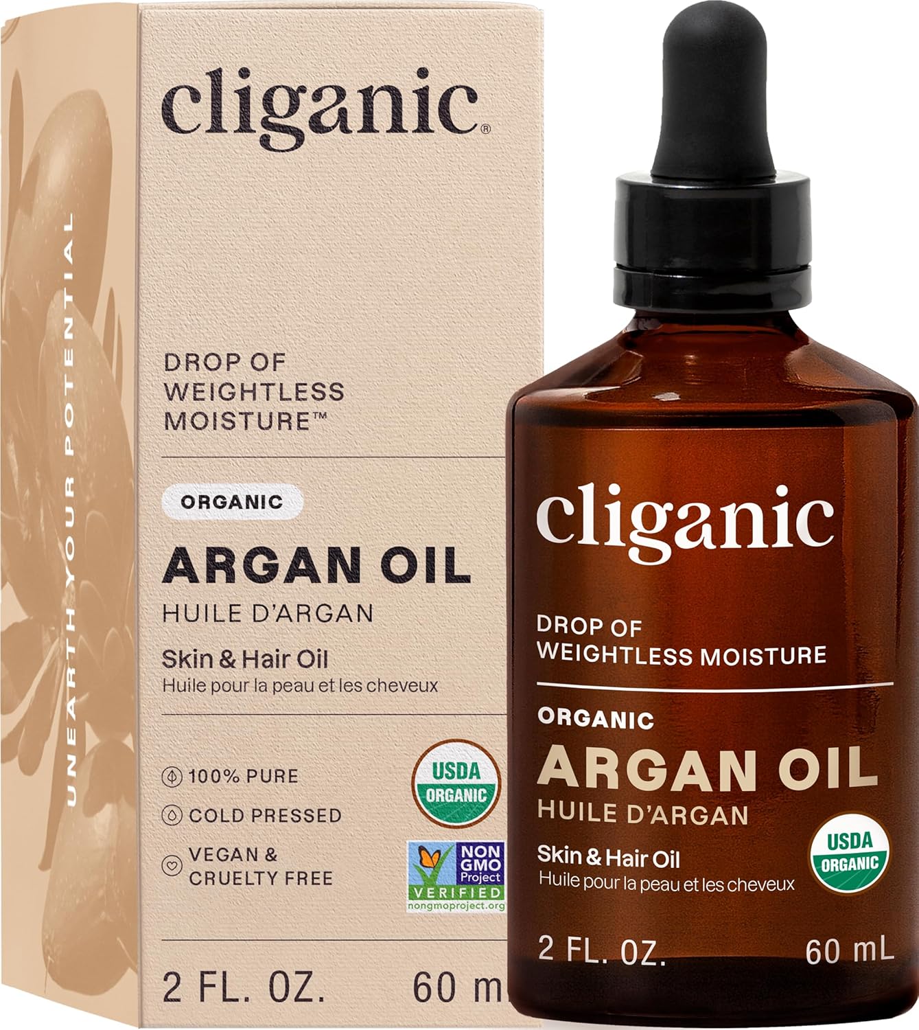 Cliganic Organic Argan Oil - 100% Pure Cold Pressed Carrier Oil for Hair, Face & Skin | 4 oz