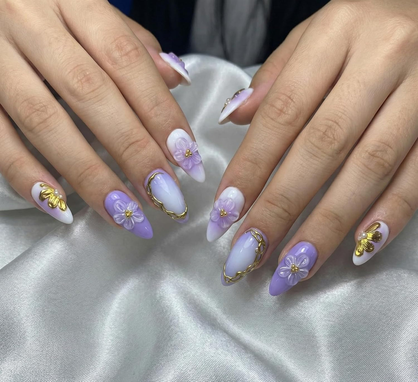 Almond Press-On Nails - Ombre French Tip with Butterfly Designs | 24 Pcs Set for Women