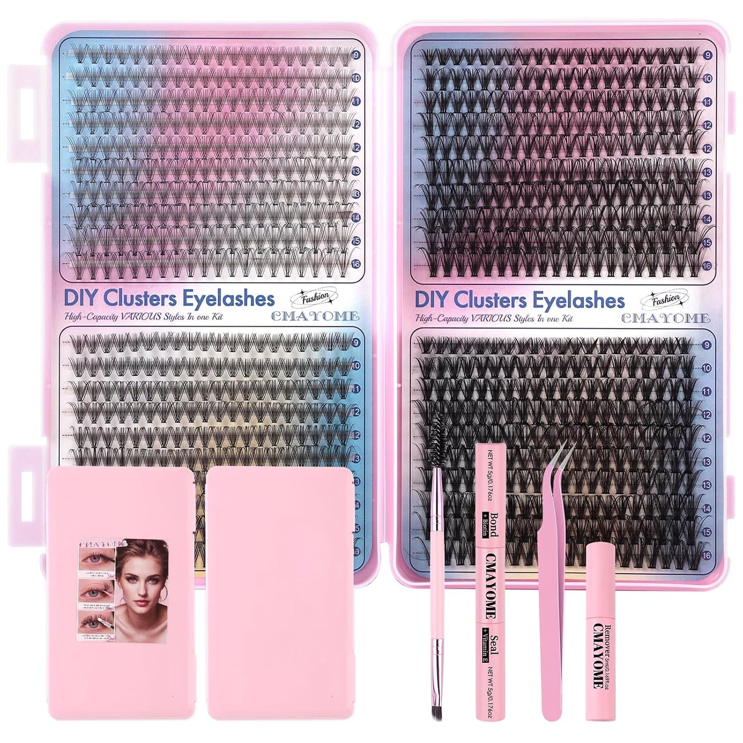 Lash Extension Kit - 50D 60D 80D 100D Individual Lash Clusters with Bond, Seal & Tweezers | 800 Pcs Set
