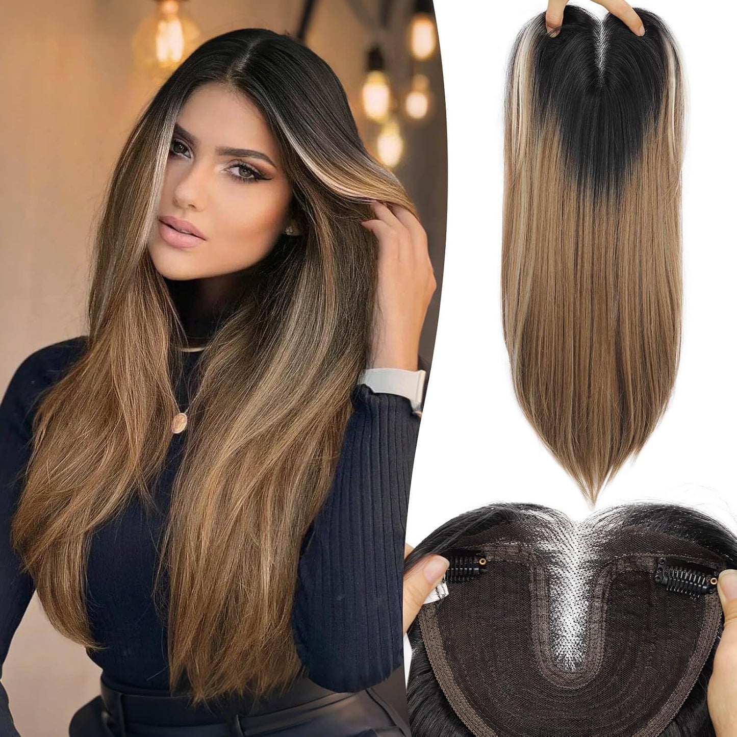 Ash Blonde Synthetic Hair Toppers with Platinum Highlights - 18" Long, 5x6" Base for Thinning Hair, Clip-In Wispy Bangs