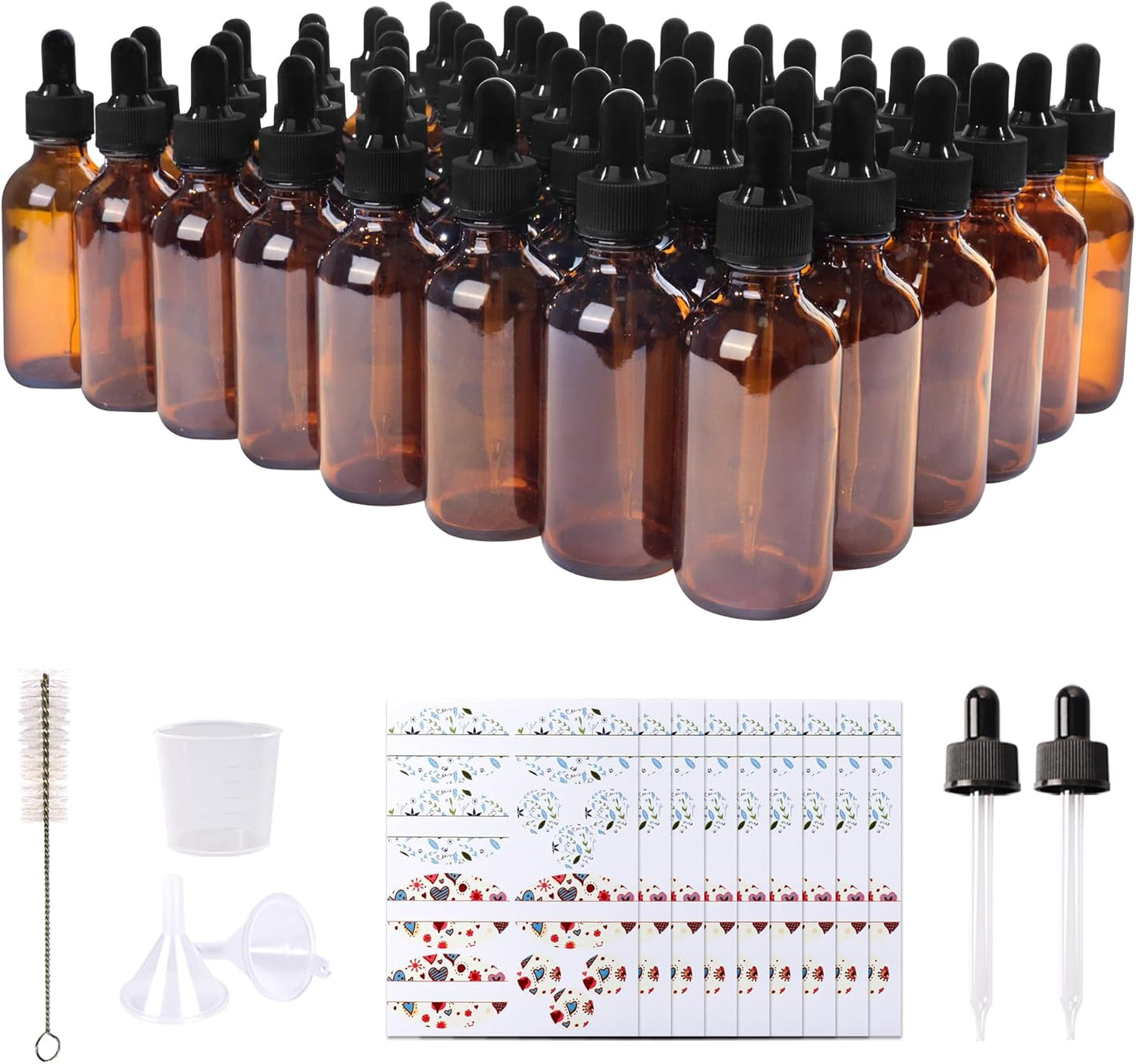 Amber Glass Bottles - 48 Pack 2oz with Eye Droppers for Essential Oils | Includes Funnels, Labels & Measuring Cup
