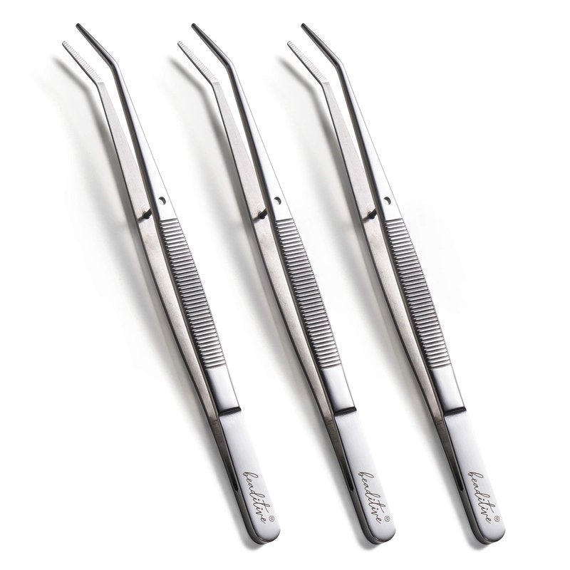 Beaditive 6-inch Sewing Machine Tweezers Set (3-PC) Serrated Bent Tips | Professional Grade, High Precision | Stainless Steel
