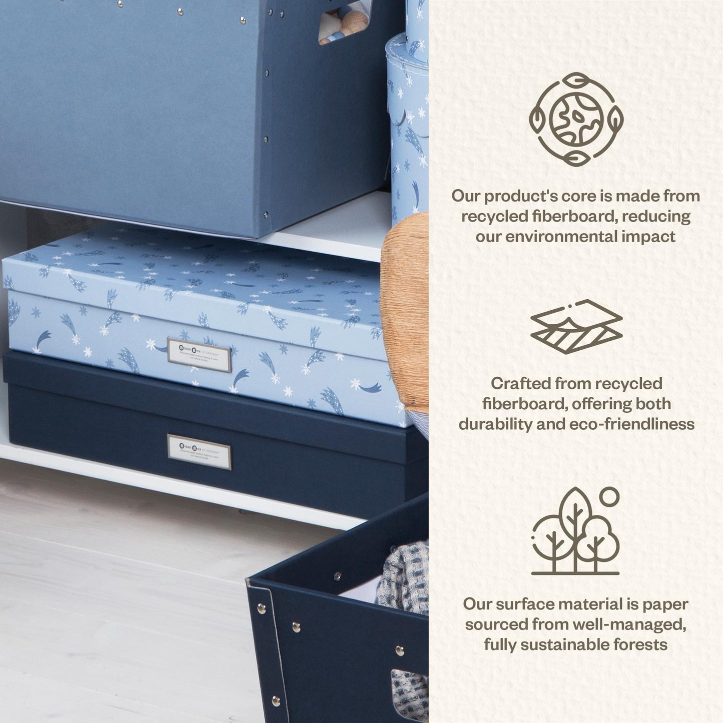 Bigso Sverker Fiberboard Legal and Art Storage Box | Scrapbook Storage Box for Loose Papers and More | Durable Document Boxes with Lid and Metal Label Holder | 17.1’’ x 12.2’’ x 3.3’’ | Blue