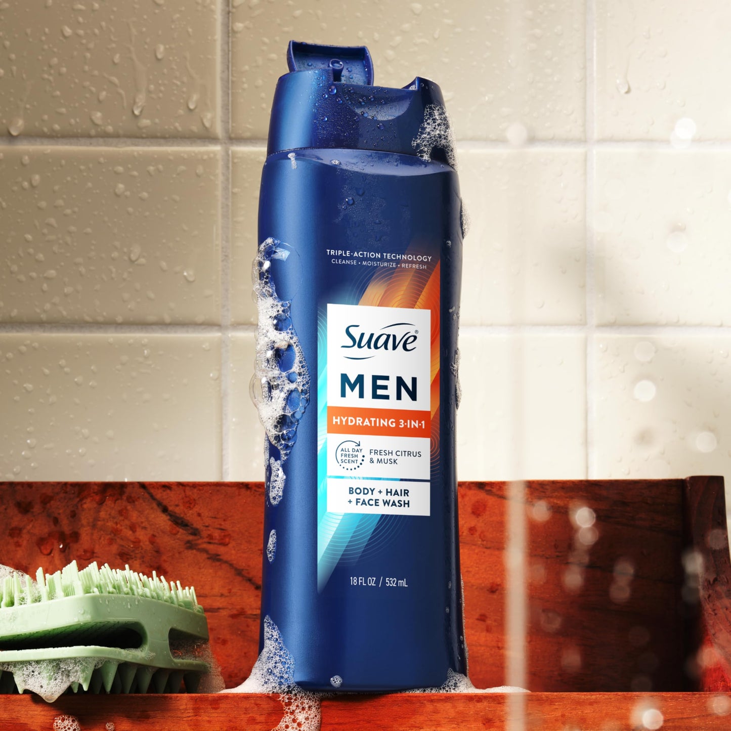 Suave Men Hydrating 3-in-1 Body + Hair + Face Wash with Glycerin & Vitamin E, Cleanse, Moisturize, Refresh, No Parabens or Pthalatates, Long-Lasting Fragrance, 18 FL OZ