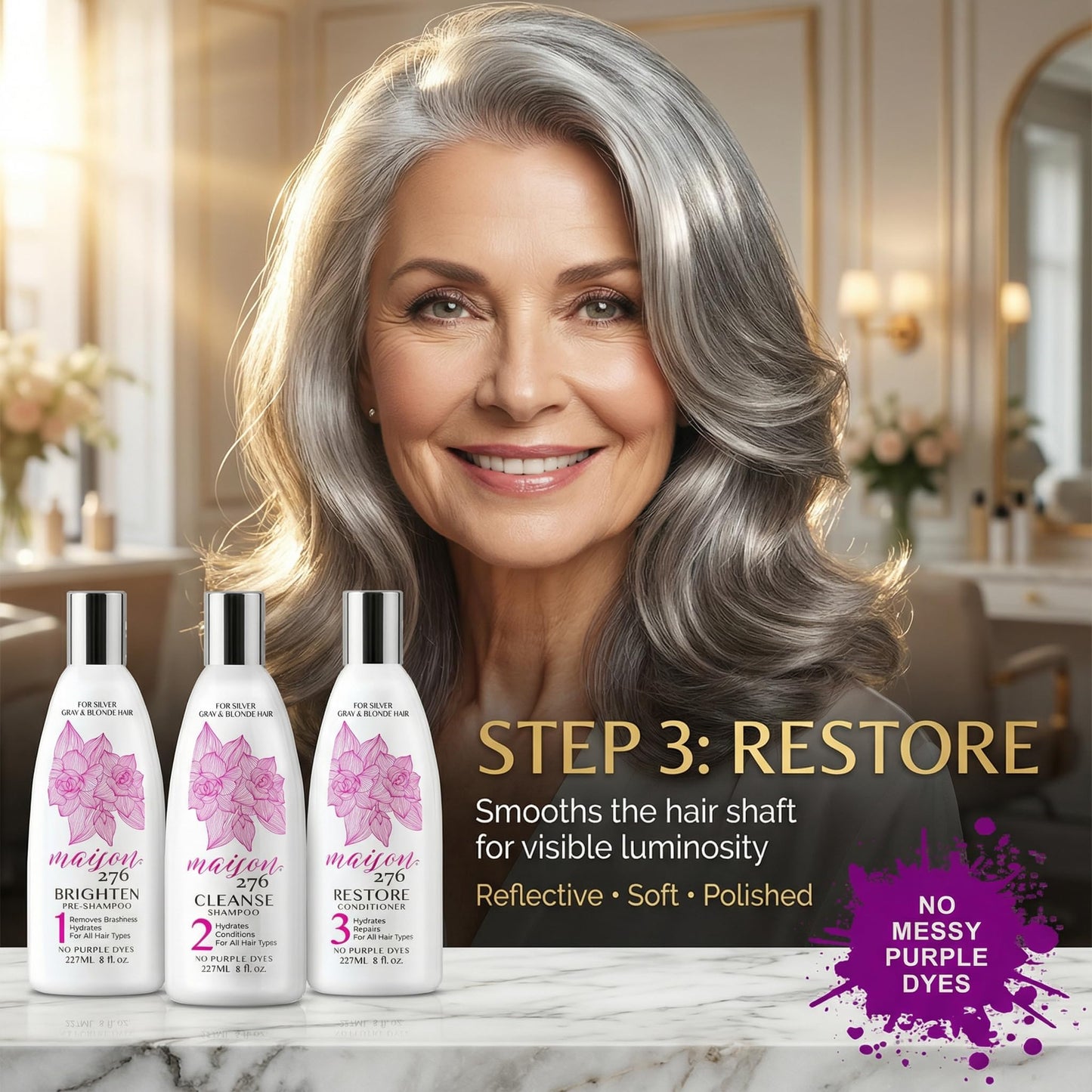 Maison 276 Pre-Shampoo, Shampoo and Conditioner for Silver, Gray & Blonde Hair, 3-Step System, Tone-Brightening & Enhancement, No Purple Dyes, Neutralizes Brassiness, Sulfate-Free, 3 x 8 oz Btls