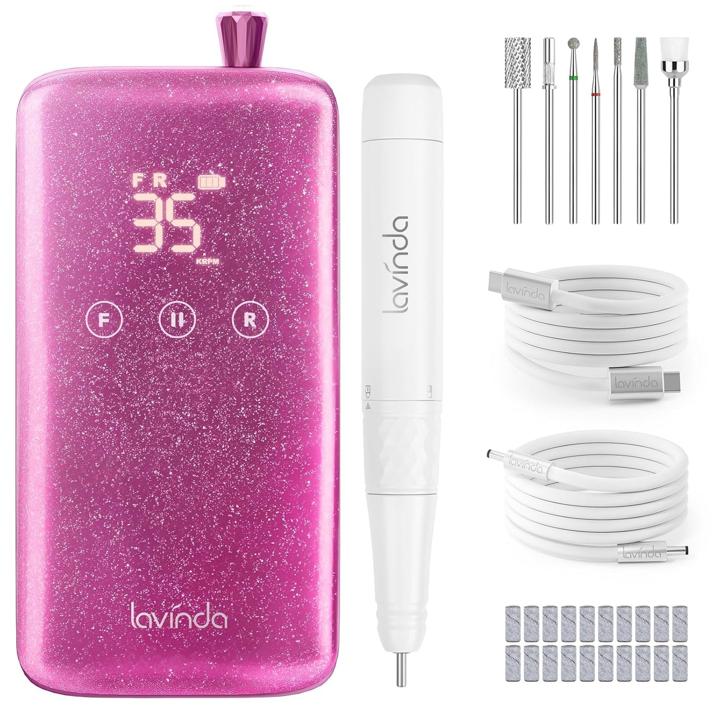 Professional Nail Drill - 35,000 RPM Rechargeable Electric Nail File with Cordless Motor & 8-Piece Bits Set | Sparkling Pink