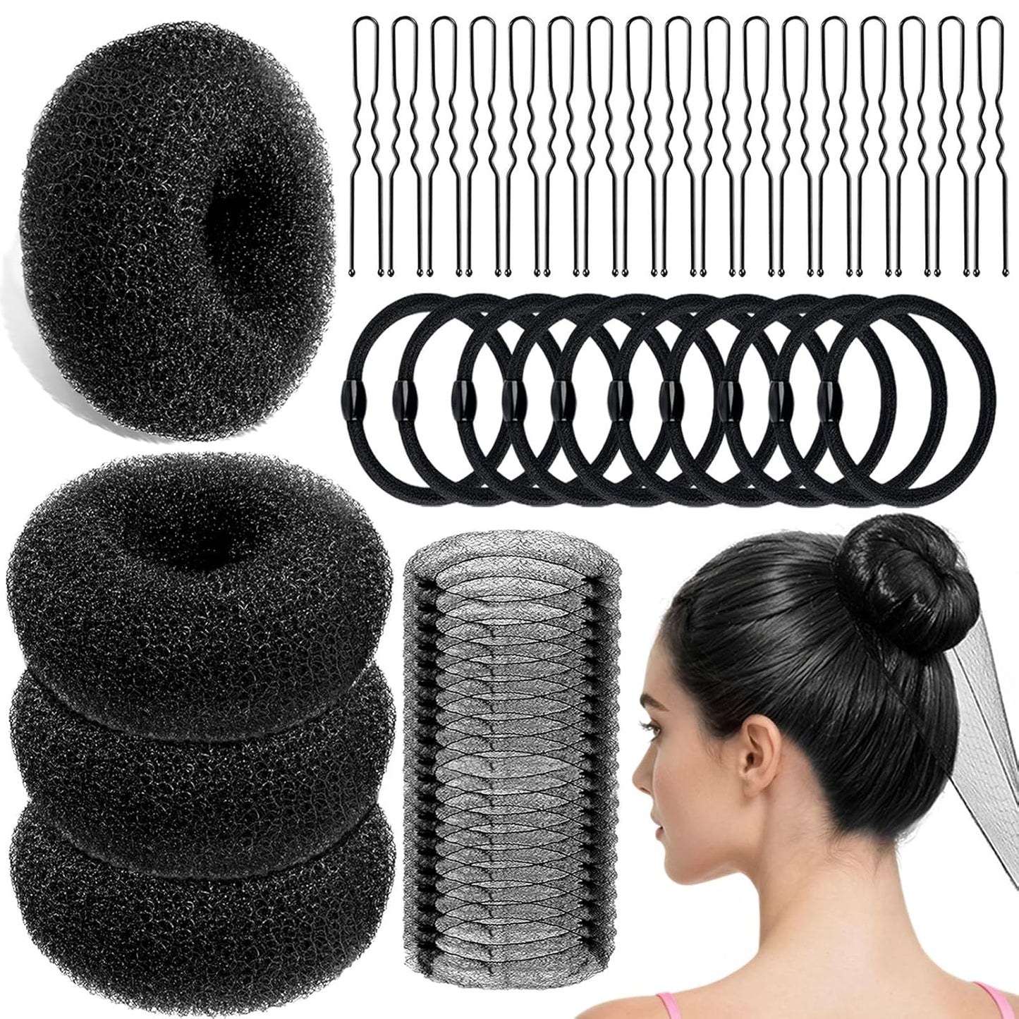 Hair Bun Maker Kit - 134 Pcs Set with 4 Bun Pieces, 20 Hair Nets, 100 Bobby Pins & 10 Hair Bands for Ballet Styling