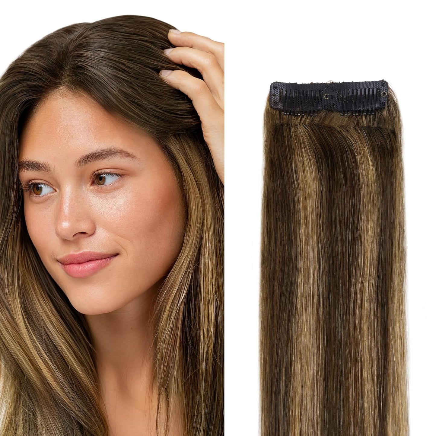 Scalp Hair Fill Ins - Clip-In Human Hair Extensions for Thinning Hair | 18-Inch Balayage 4/27/4 Chocolate Brown to Caramel Blonde, 30g, 4 Pcs