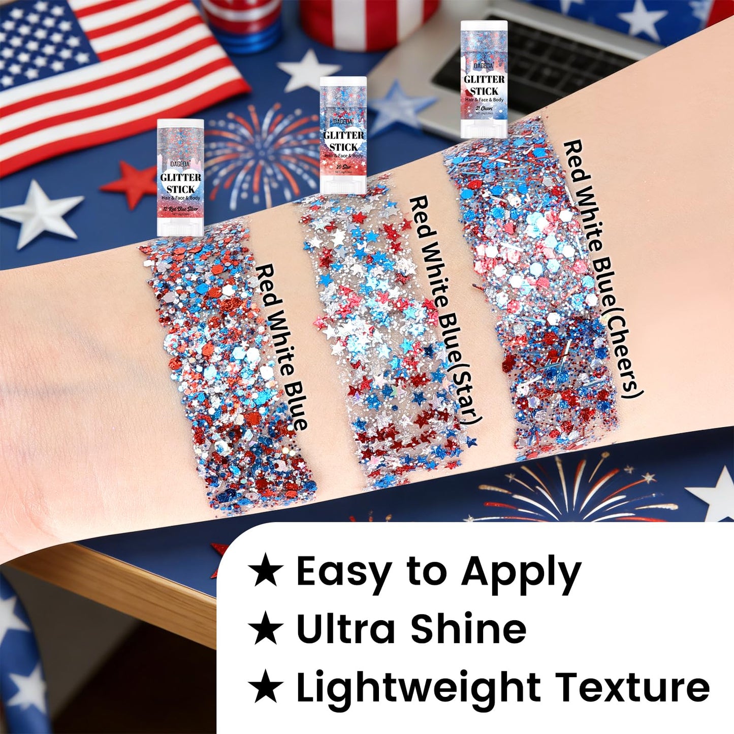 DAGEDA Red White Blue Body Glitter Stick, Sparkly Face Glitter Makeup, 4th of July Outfits Accessories for Women, Shimmer Face Paint Stick, Fourth of July Independence Day Costumes Accessories(Cheers)