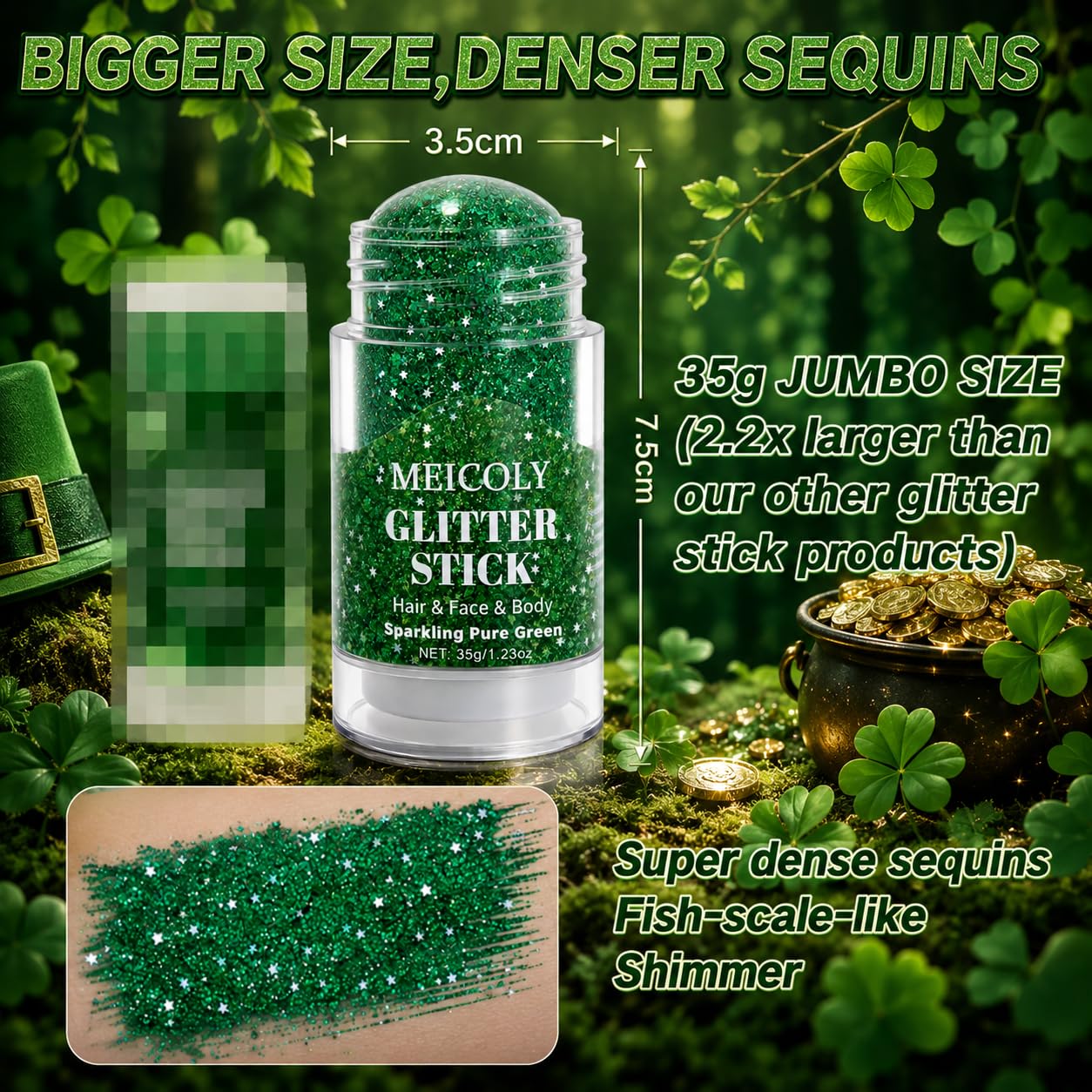 MEICOLY Jumbo 1.23 OZ Forest Green Hair Glitter Stick for Women Rave Outfit,Sparkling Face Glitter Stick for Christmas,St Patricks Day Accessories Body Glitter & Alien Fairy Costume