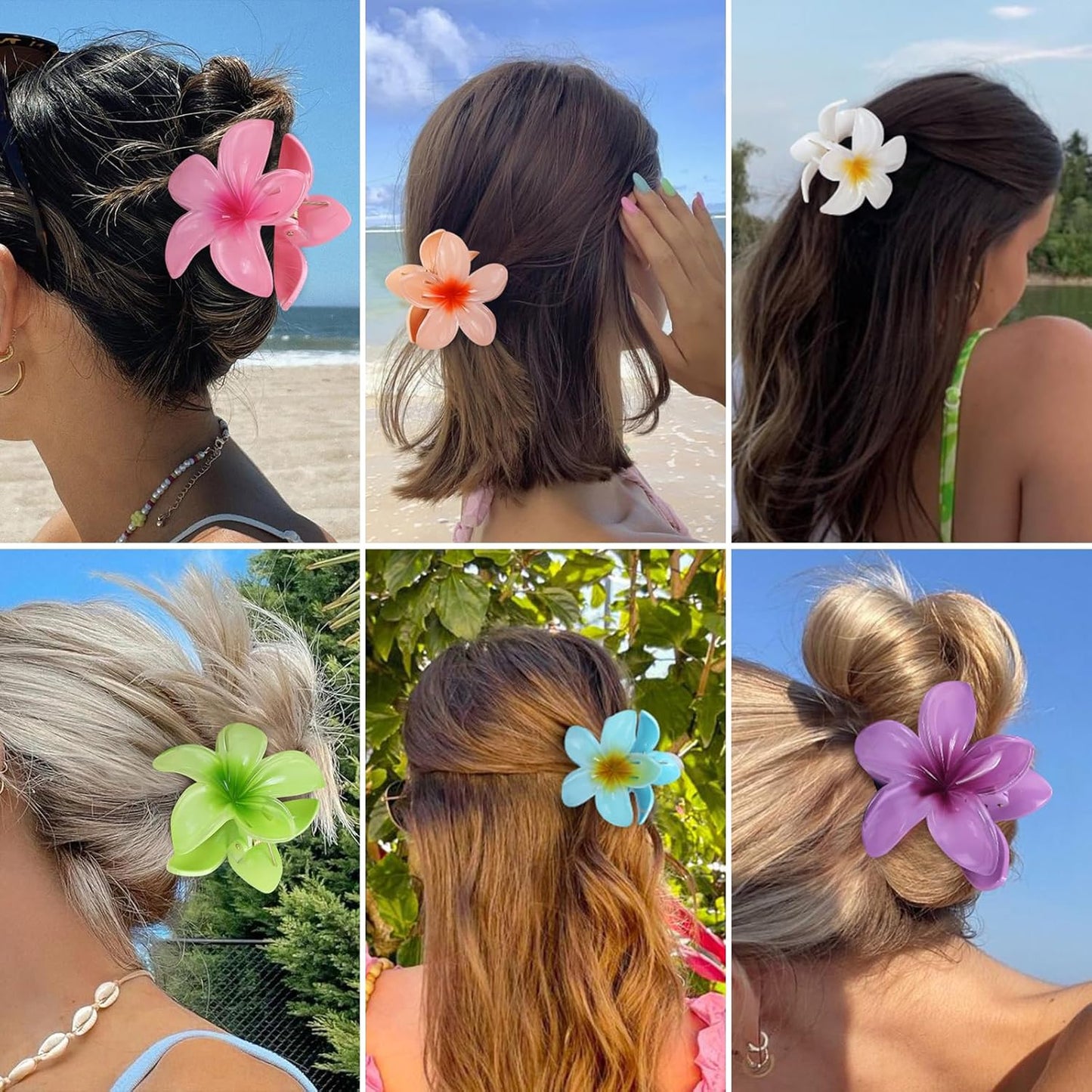 Flower Hair Clips - 6 Pcs Hawaiian Large Claw Clips for Thick & Thin Hair | Tropical Beach Accessories