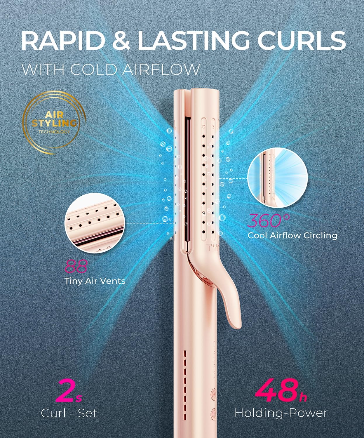 Tymo Airflow 2.0 Curling Iron - 2-in-1 Hair Straightener & Curler, 1.25 Inch, Dual Voltage, Gold Blush