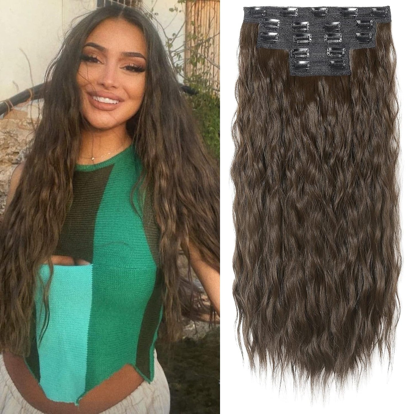 Clip In Hair Extensions - 24" Thick Long Loose Waves | Invisible Lace Weft, Natural Soft Hairpieces - Chocolate Brown with Blonde Highlights