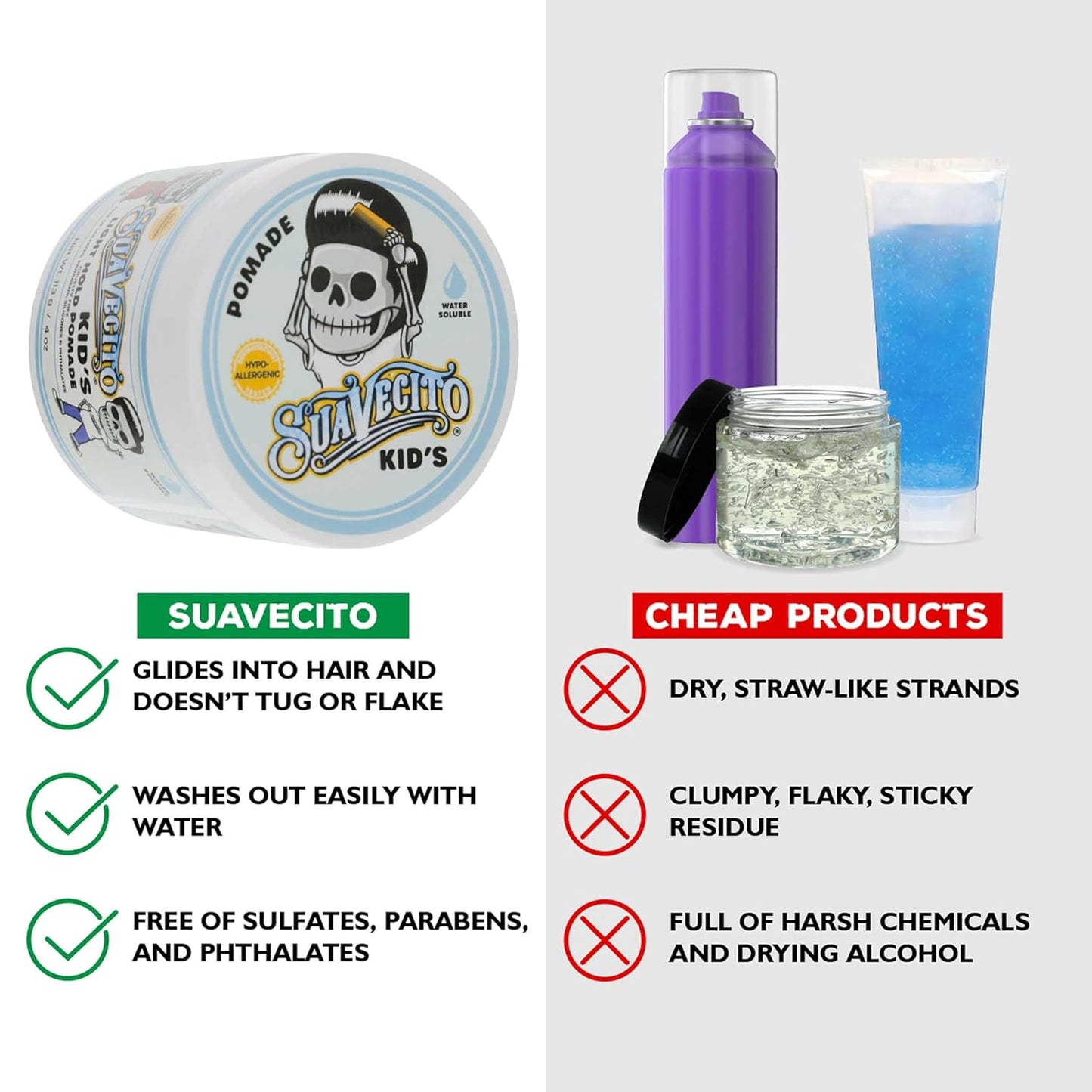 Suavecito Kid's Pomade - Calming Chamomile Scent, Light Hold | 4 oz Water-Based Hair Gel, Hypoallergenic Formula