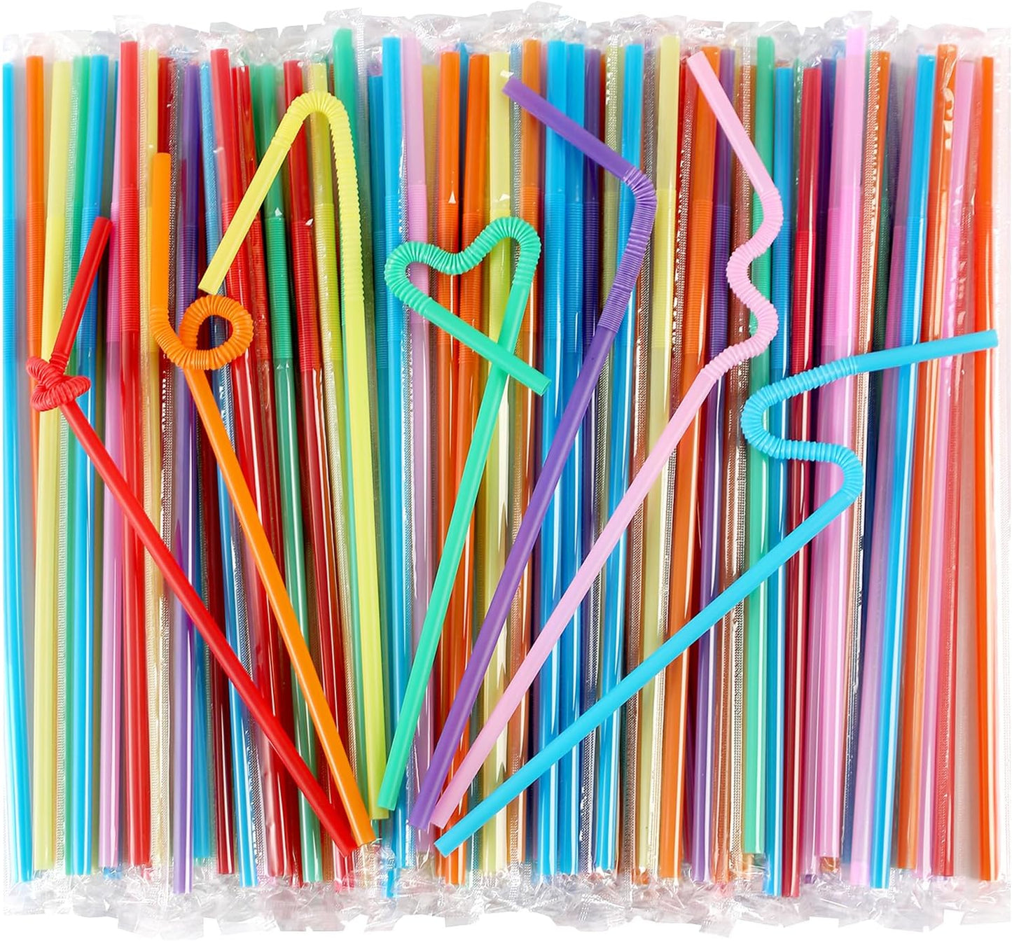 Extra Long Flexible Plastic Straws - 10.24" Colorful Bendy Drinking Straws | 100 Pack, Individually Wrapped