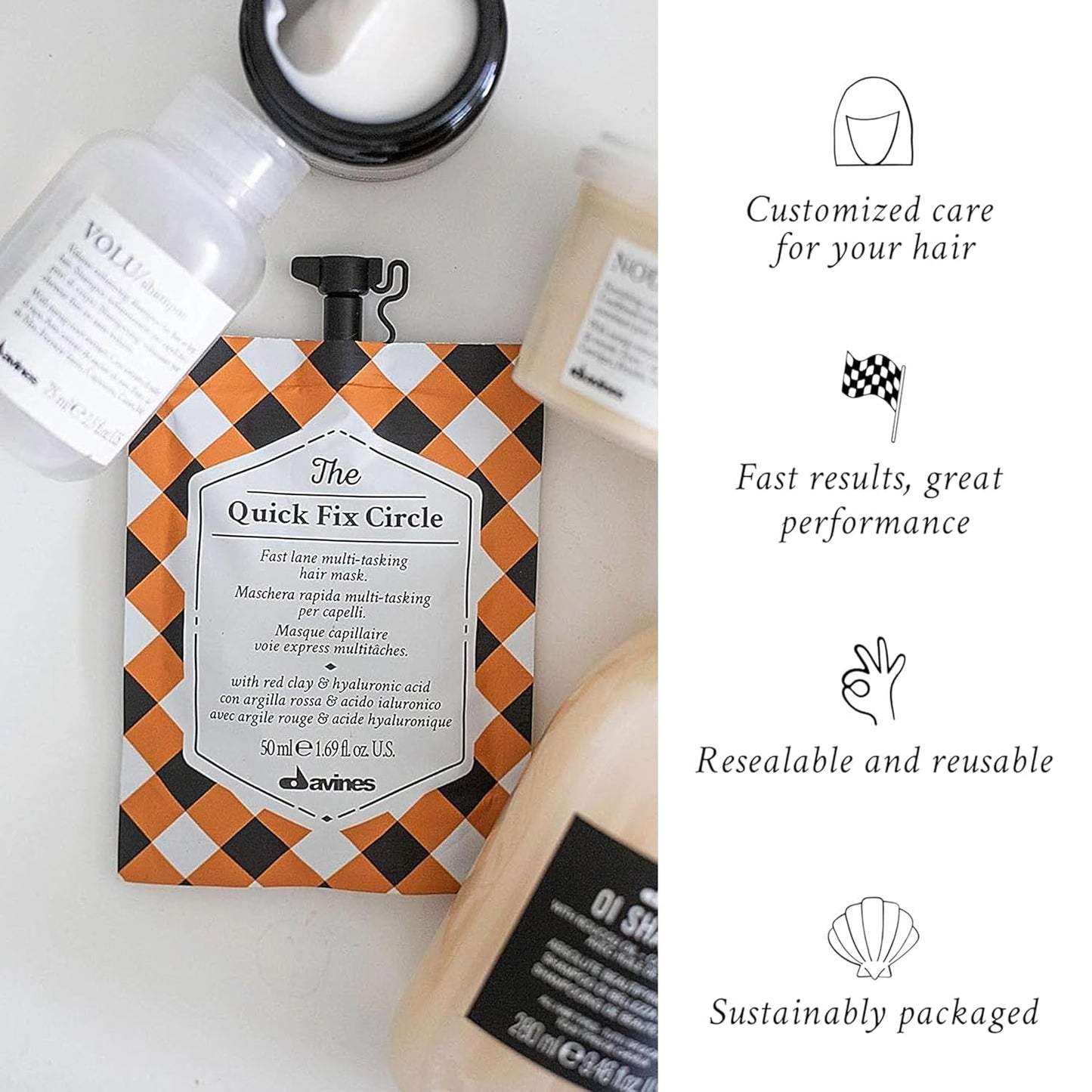 Davines Quick Fix Circle Hair Mask - Fast-Acting Hydrating Treatment with Red Clay & Hyaluronic Acid | 1.69 Fl Oz