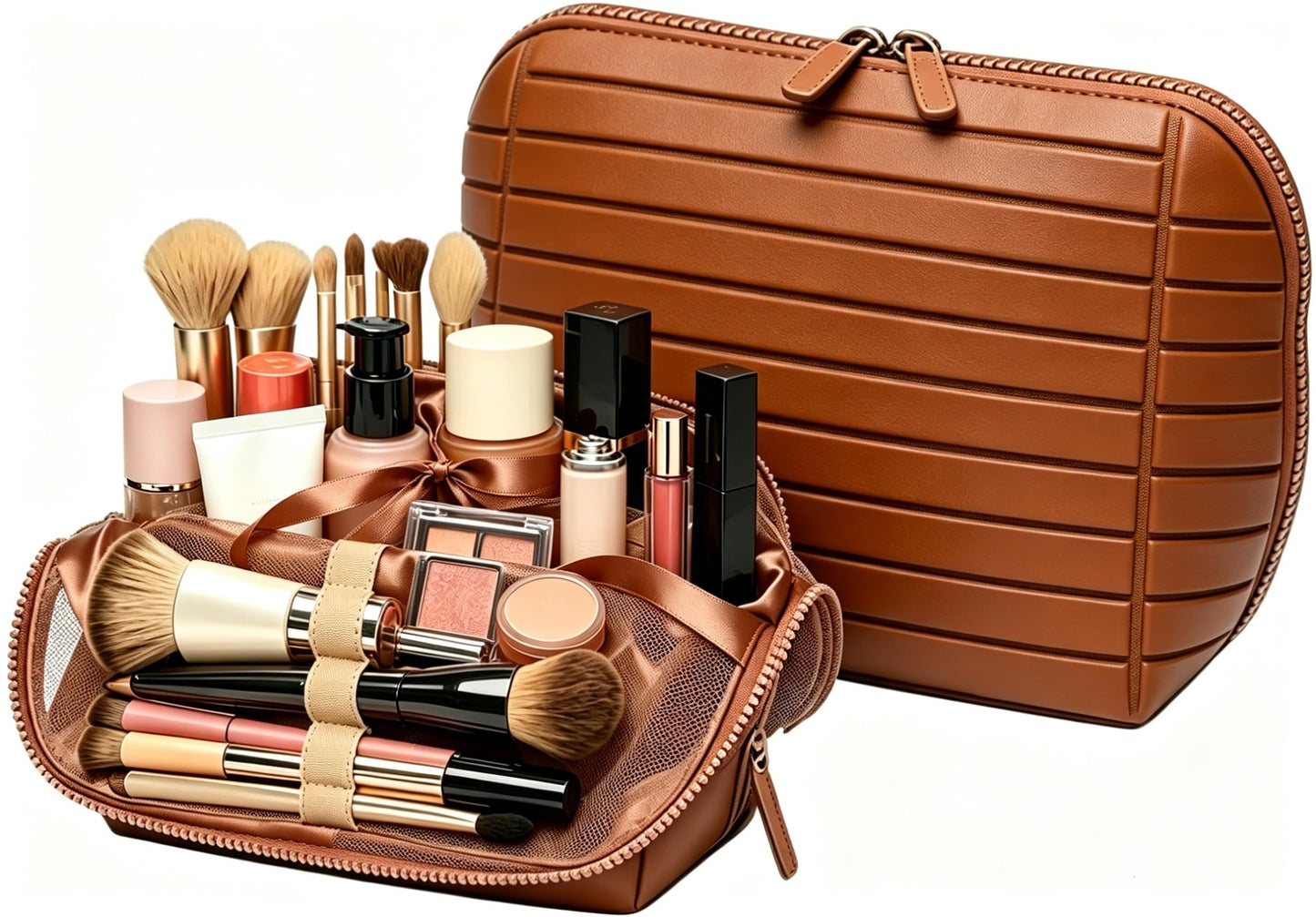 Parallel Traveler Makeup Bag,Fold Down Cosmetic Bag with Brush Organizer,Large Capacity Travel Makeup Case,Water-Resistant PU Leather Toiletry Bag for Women,Portable Makeup Organizer Bag for Travel
