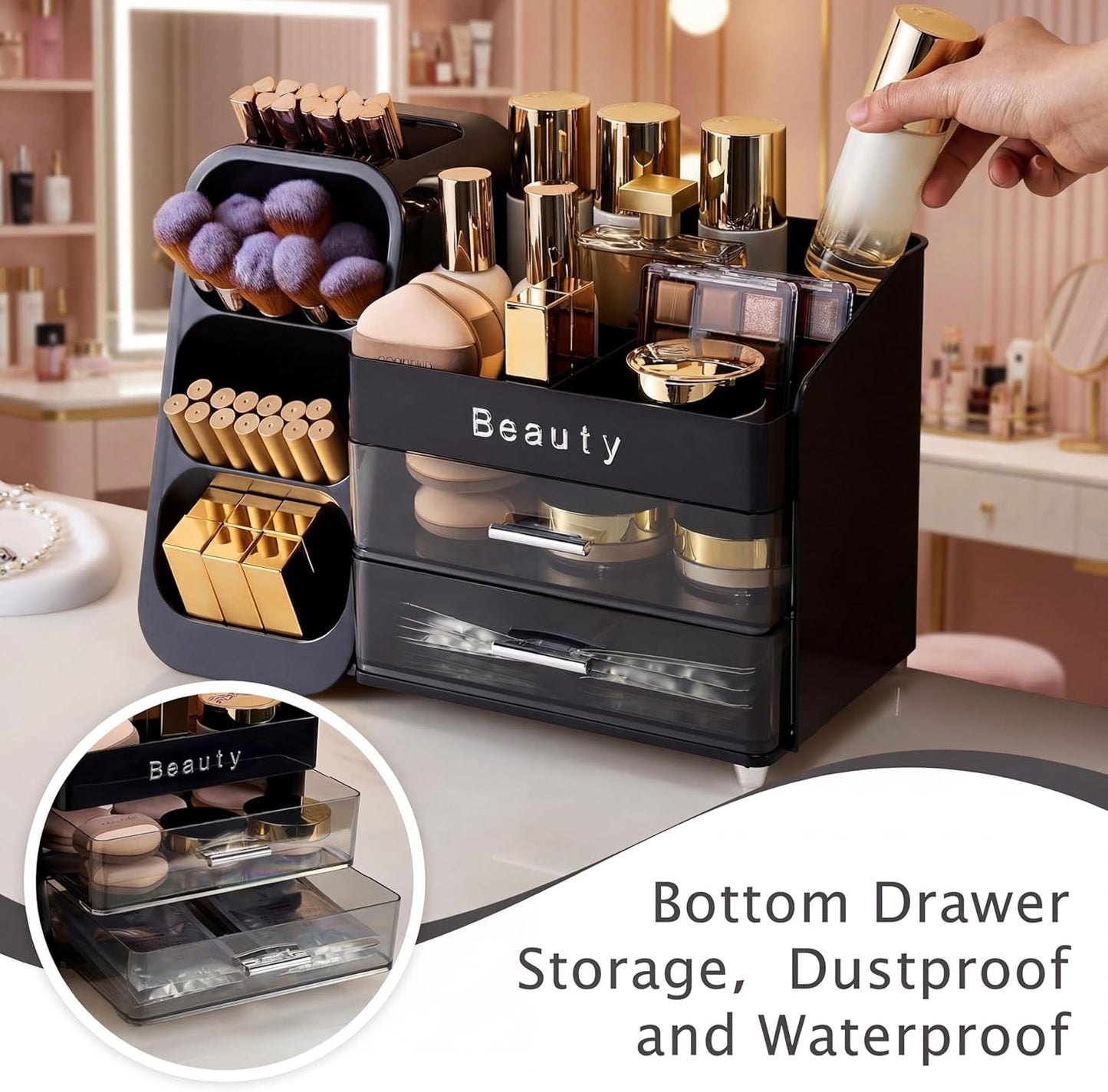 Makeup Organizer for Vanity - Spacious Countertop Storage with Brush Holder & Drawers | Ideal for Cosmetics & Skincare