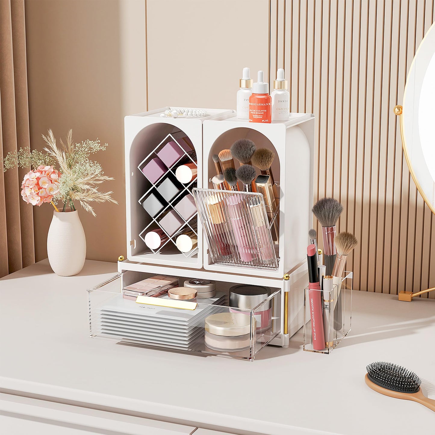 FOLLOWIN Compact Makeup Organizer Set, Lipstick Holder with Grid,Makeup Brush Organizer with Flip Drawer, 2 Ways to Arrange, Milk White Vanity Countertop Storage with Detachable Drawer for Cosmetics