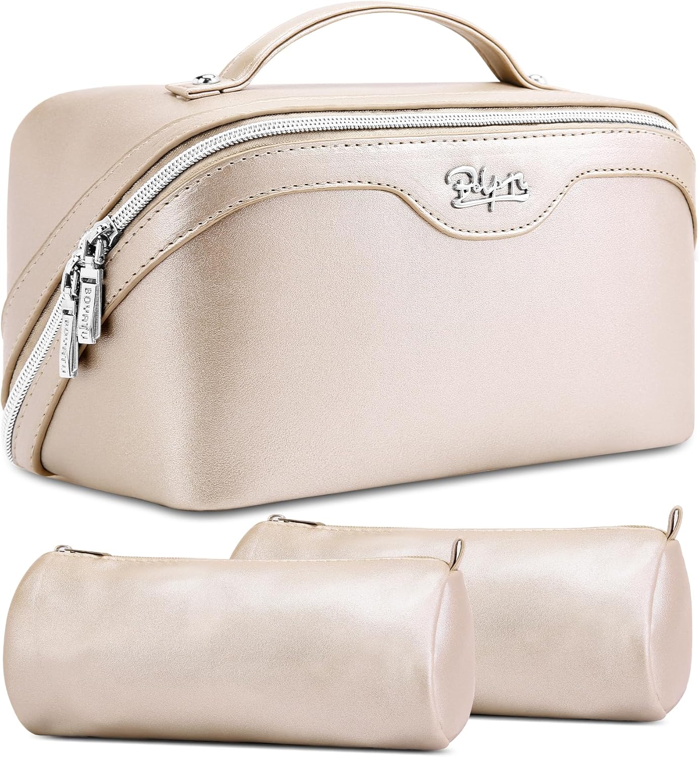 Travel Makeup Bag Organizer Set - 3 Pcs Waterproof Vegan Leather Cosmetic Bags for Women | Black