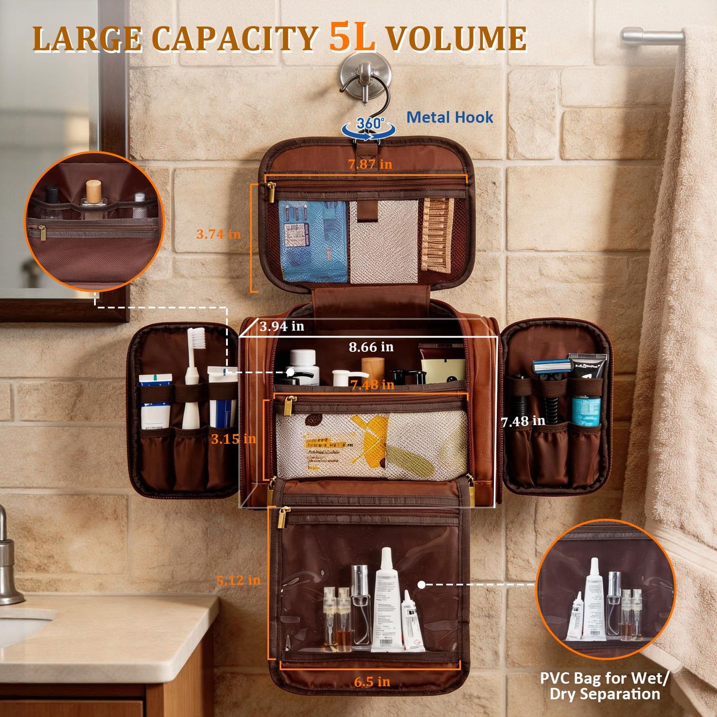 Aganmi Personalized Fathers Day Birthday Gifts for Husband Dad Grandpa Papa from Daughter Son, Unique Mens Large Leather Travel Toiletry Bag Hanging Shaving Dopp Kit Bathroom Shower Cognac Letter J