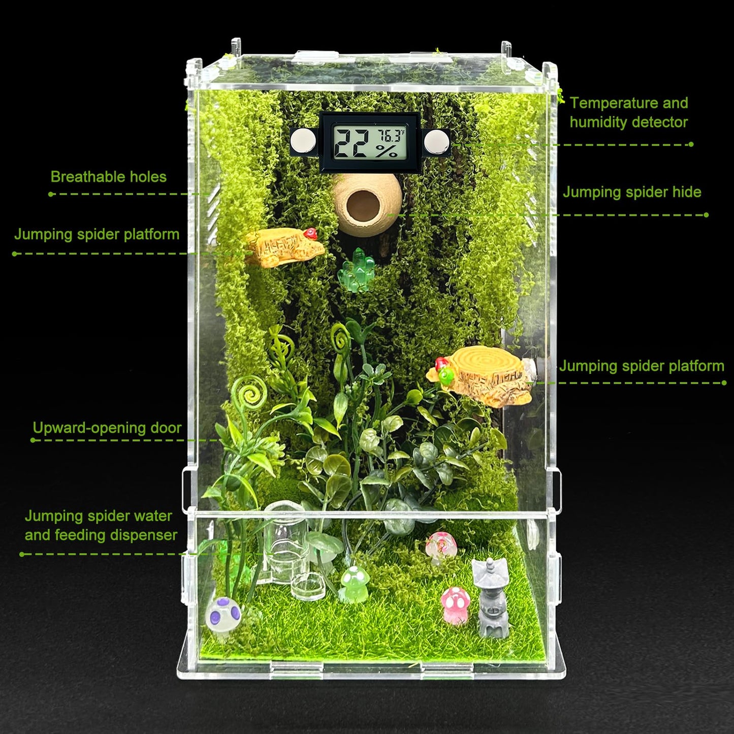 Jumping Spider Enclosure,DIY Insects Habitat,Small Reptile Terrarium Glass House Accessories Set,with Temperature and Humidity Detector Water Feeder Platform Hide,5.5“x5.5”x9.5“ (Forest)