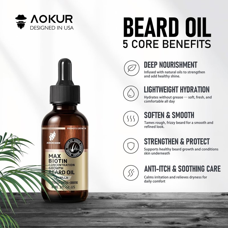 aokur Biotin Beard Growth Oil for Men - Vitamin B5 & Castor Oil Formula, Promote Thicker Fuller Beard, Daily Care, Styling & Taming, Hydrating, Lightweight Non-Greasy, Vanilla 2oz Gift for Him