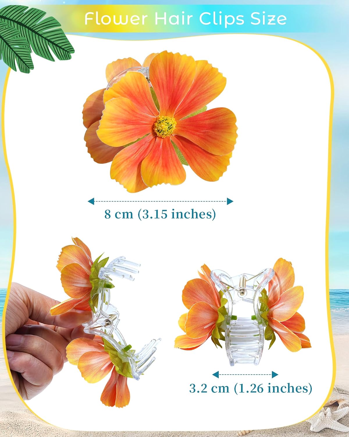 Hawaiian Flower Hair Claw Clips - 4 Pack Tropical Orchid Clips for Weddings & Beach Parties | Red, Orange, Pink, White