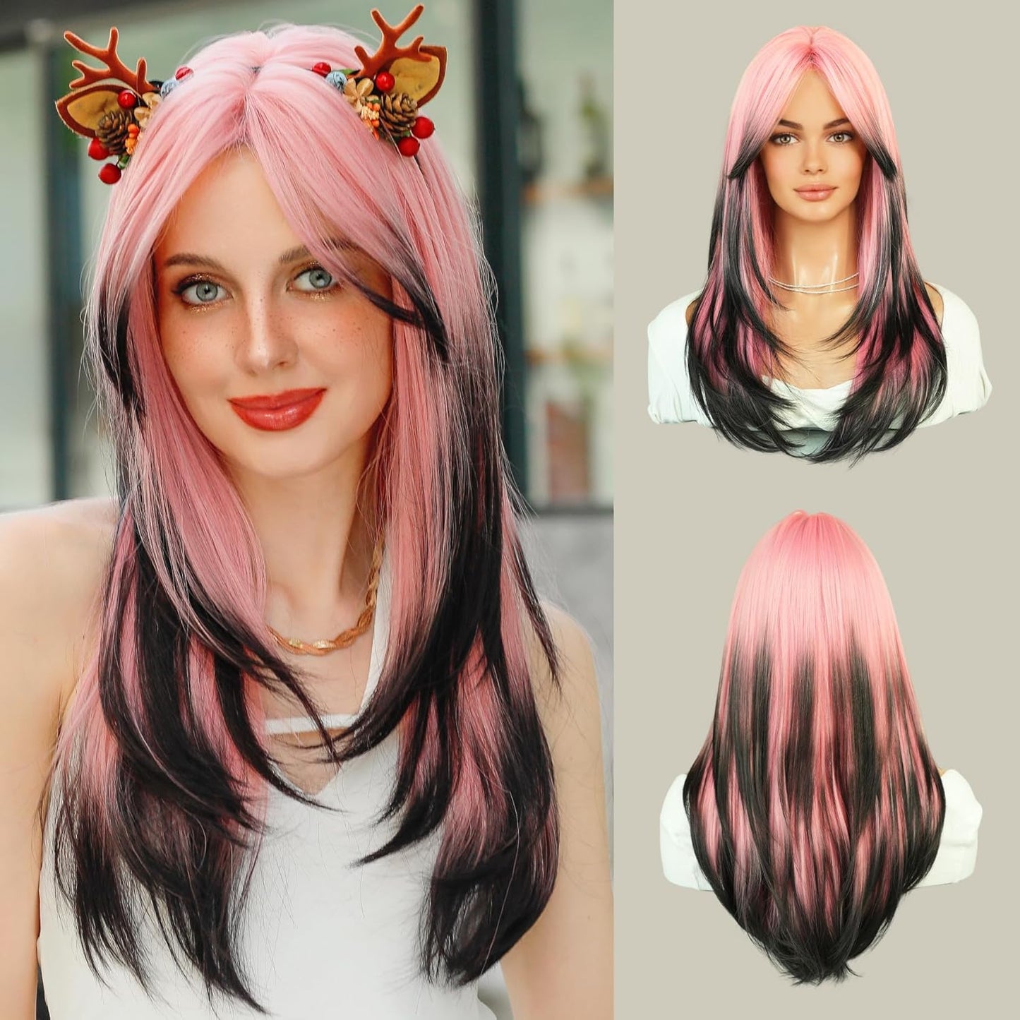 Long Natural Black Wig with Bangs - Heat Resistant Synthetic Hair for Daily Wear