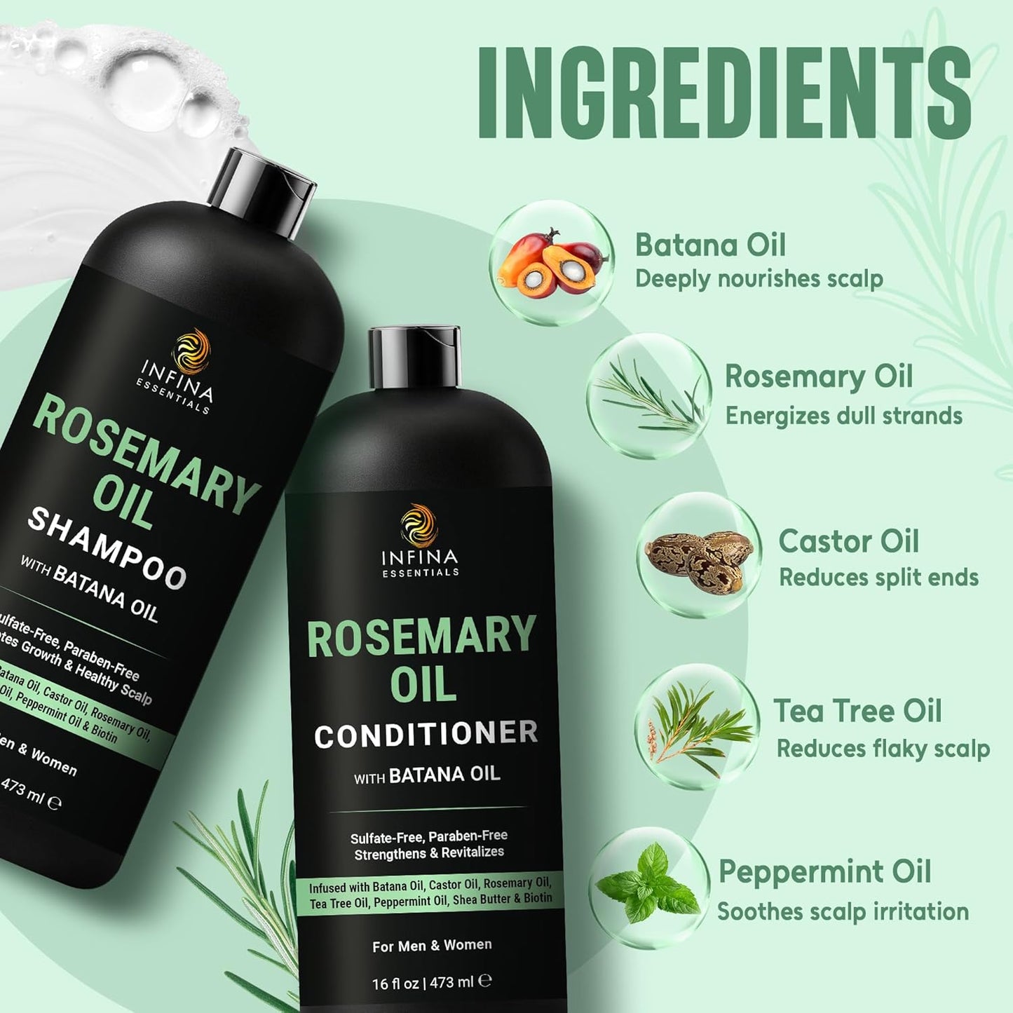 Rosemary Oil Shampoo and Conditioner Set - Sulfate-Free Thickening Formula with Batana Oil & Biotin | 16 fl oz Each | For Men & Women