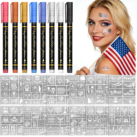 Independence Day Temporary Tattoo Marker, 8 Metallic Tattoo Markers with 12 USA 4th of July Tattoo Stencils, Face and Body Paint Tattoo Pens for Independence Day Party Favors Supplies