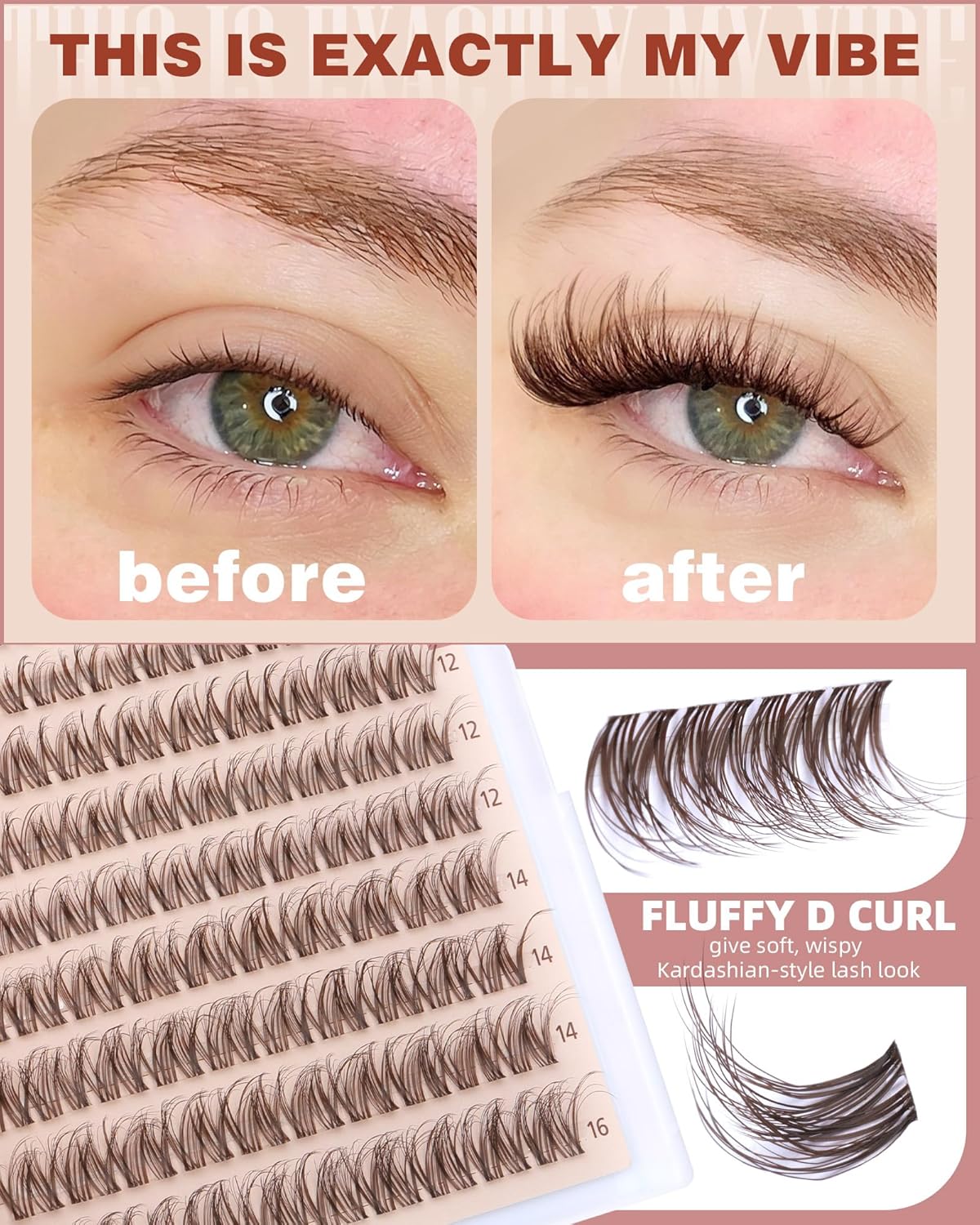 Brown Lash Clusters - Wispy D Curly Eyelash Extensions | Natural Individual Lashes 8-16MM
