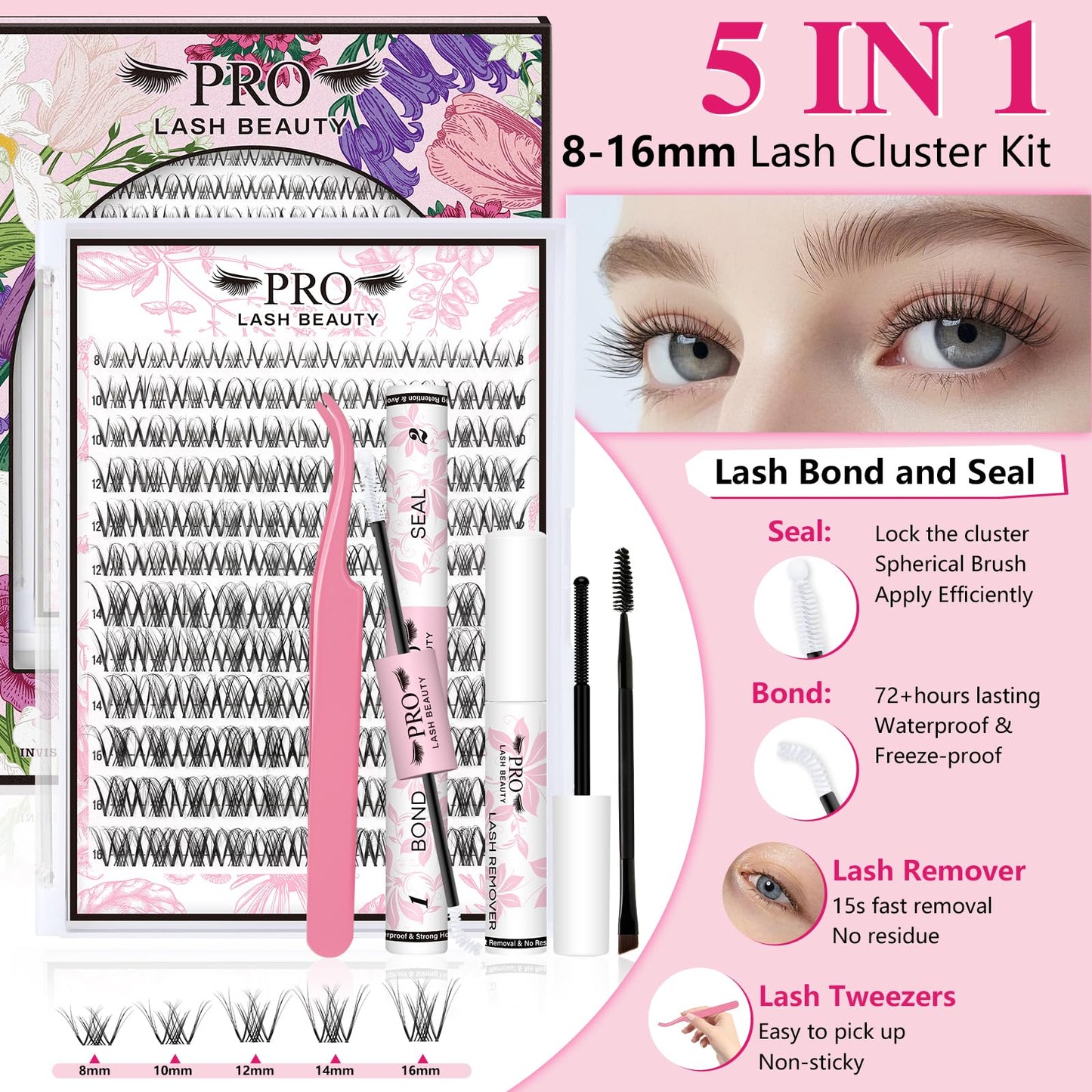 PRO DIY Lash Extension Kit 280Pcs Lash Clusters Kit Eyelash Extension Kit with Lash Bond and Seal Applicator Individual Lashes Kit Eyelash Brush Various Styles Easy to Apply at Home (30D+40D-9-16mix)