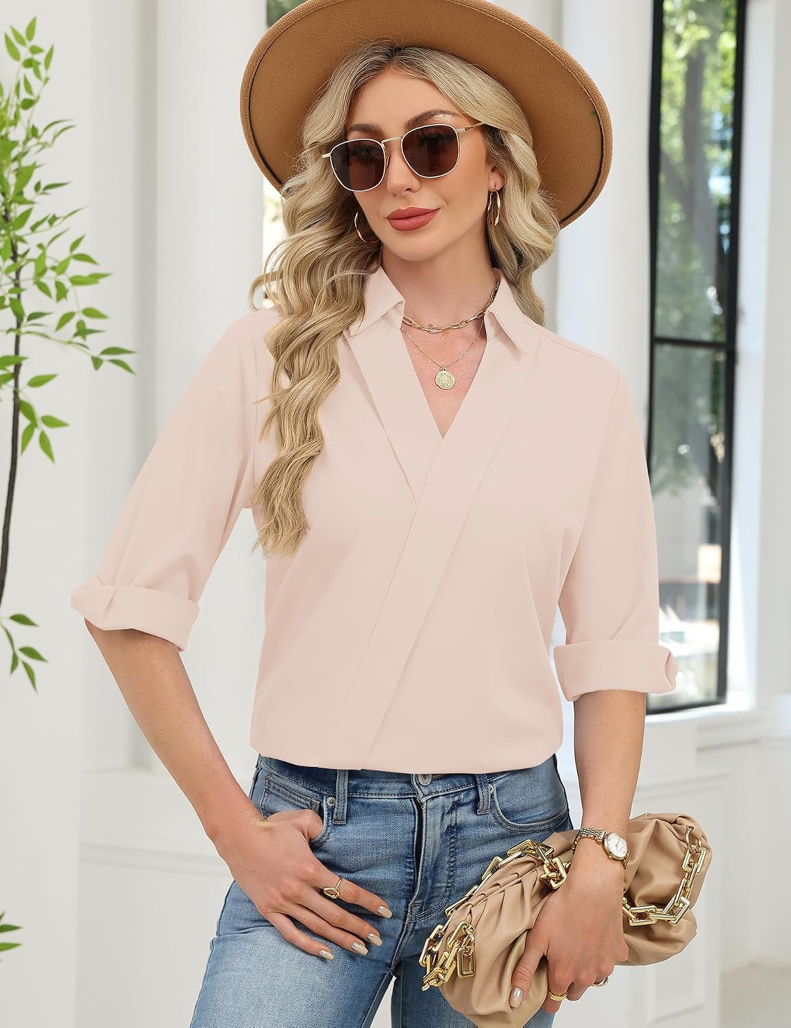 3/4 Length Sleeve Women's Dressy V-Neck Collared Tops - Trendy Business Casual Blouses for Work & Vacation