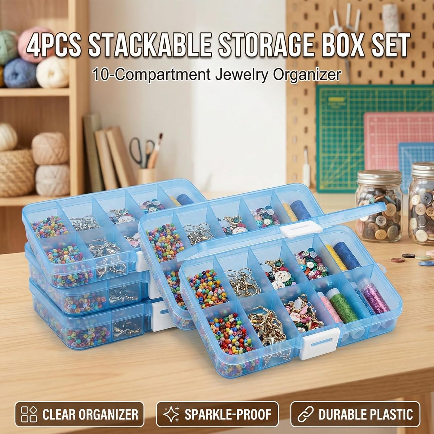 Jewelry & Bead Storage Boxes - 4 Pack Waterproof Plastic Organizer | 40 Grids, Stackable Craft Case, Blue