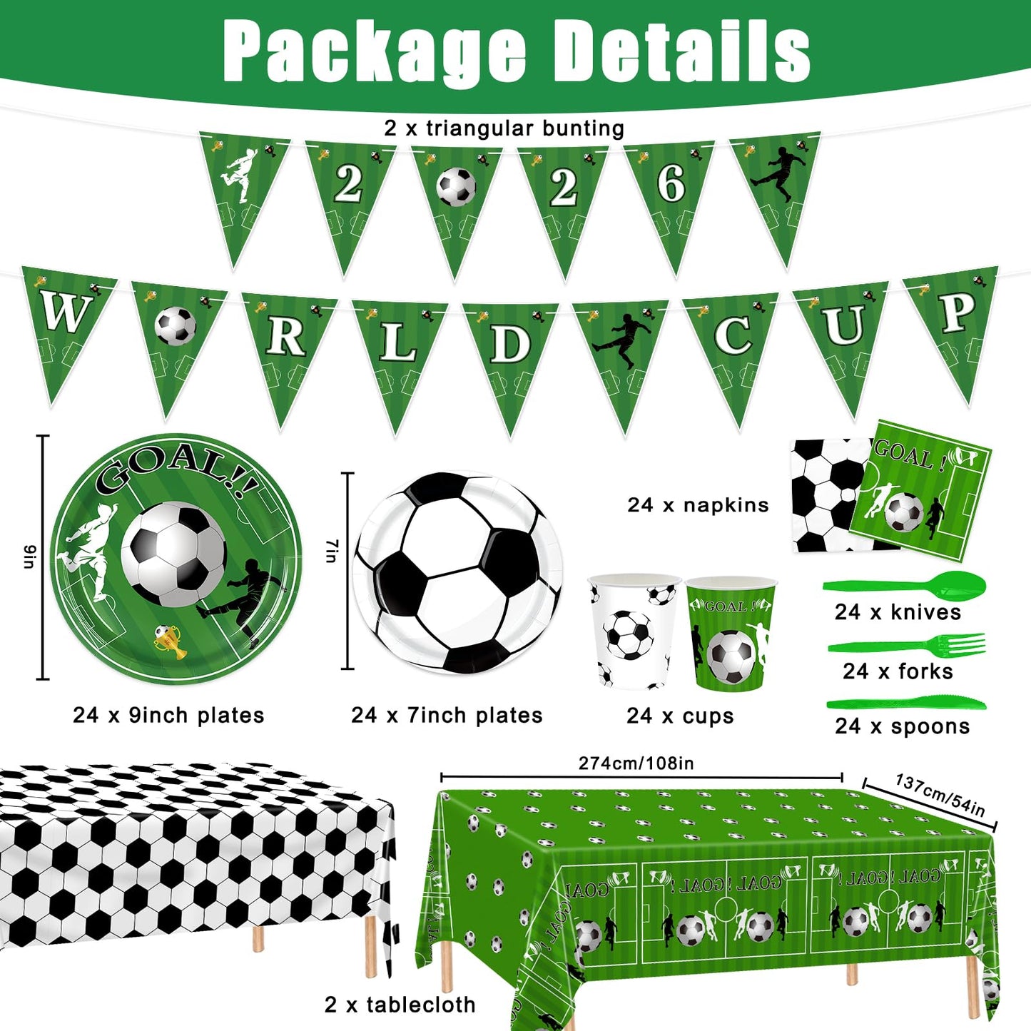 FLUEZE 172 Pcs Soccer Party Decorations, World Cup Party Decorations - Includes Tablecloth, Plate, Cup, Napkin, Banner, Knife, Fork, Spoons for Soccer Party Decorations (Soccer Party)