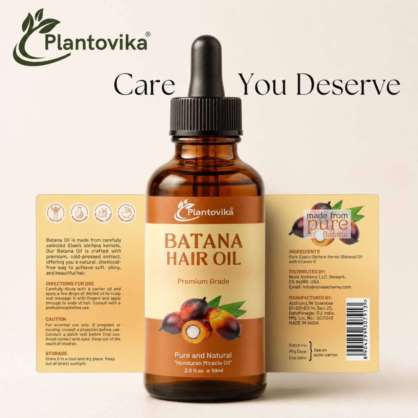 Plantovika Batana Oil for Hair Growth, 100% Pure Honduran Cold-Pressed Raw Unrefined Hair Mask & Scalp Treatment, Dr. Sebi Inspired for Damaged Hair, Men & Women, All Hair Types, 2 fl oz