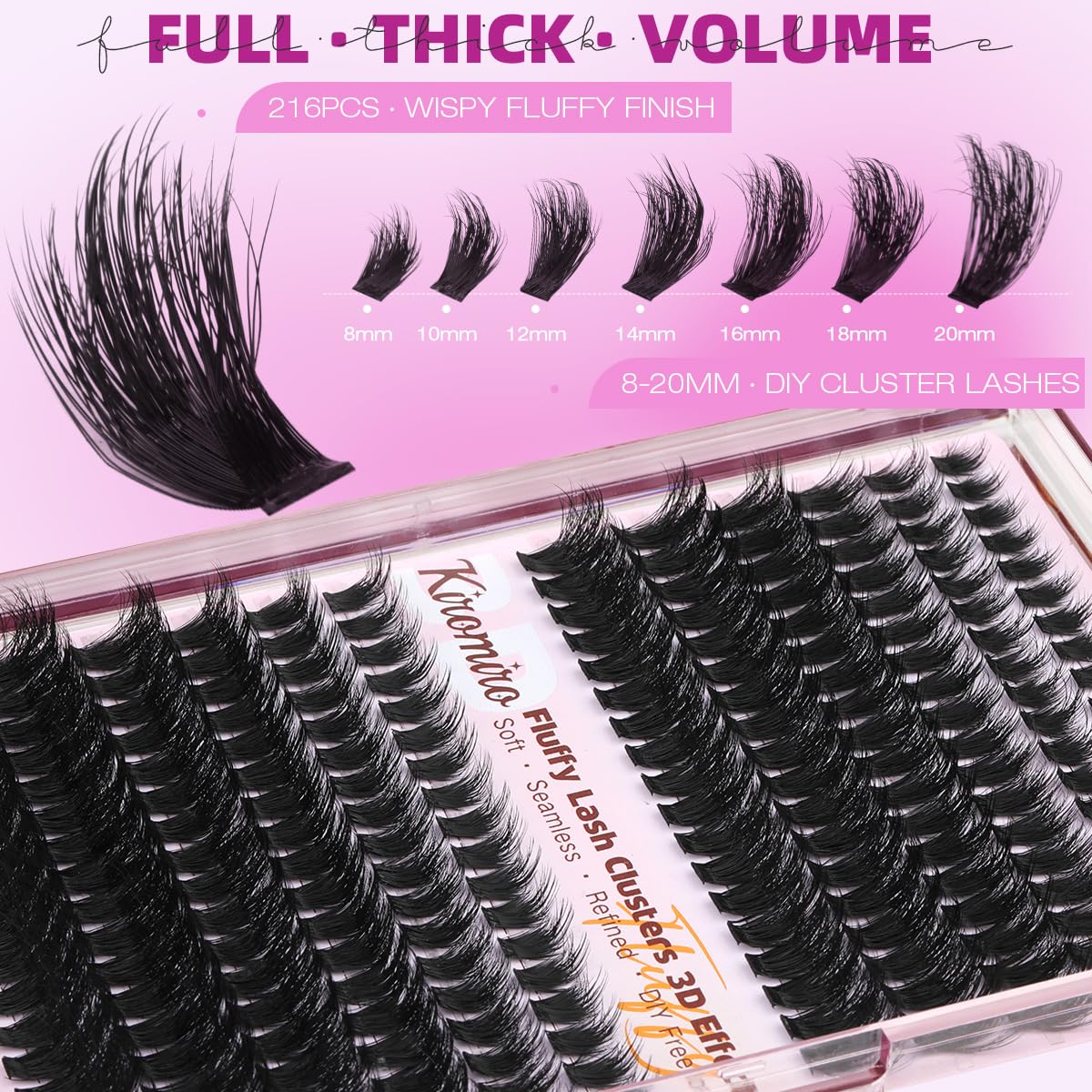 Fluffy Lash Clusters - Volume 8-20mm DIY Individual Lash Extensions | 216pcs 3D D Curl Eyelashes, Soft Thin Band for Full Look