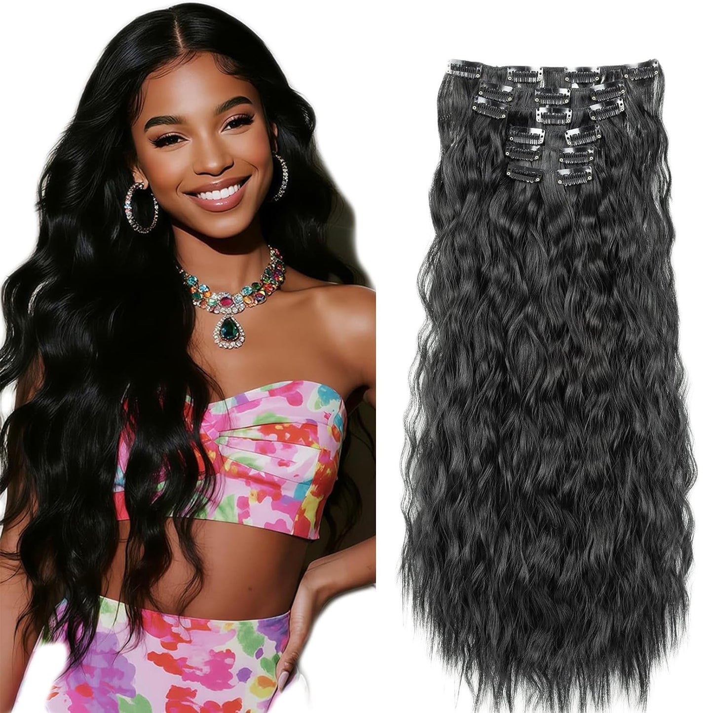 #1B Long Wave Clip in Hair Extensions Real Human Hair, 30 Inch 120g/7Pcs,Full Shine Remy Human Hair,Natural Black Clip ins Brazilian Virgin Human Hair Extensions
