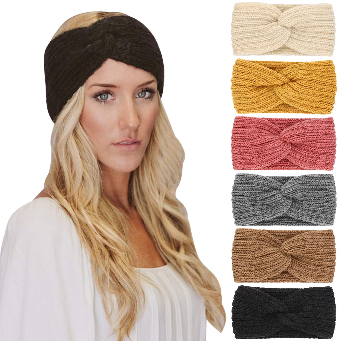 DRESHOW Crochet Ear Warmer Headband Soft Knit Turban Stretch Headbands Warmer for Women Winter 6 Pack