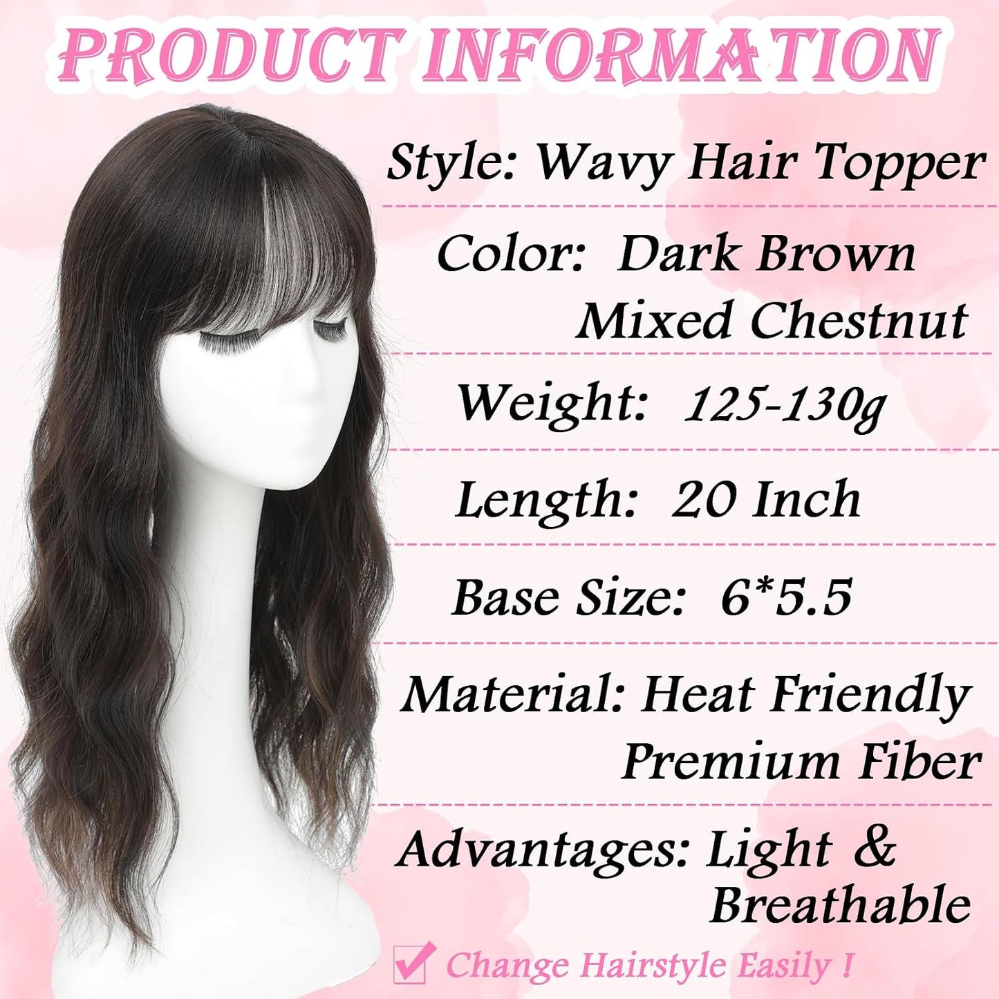 Hair Toppers for Women - 20 Inch Hand-Tied Curly Clip-In Hair Pieces | Lightweight Dark Brown & Chestnut Mix