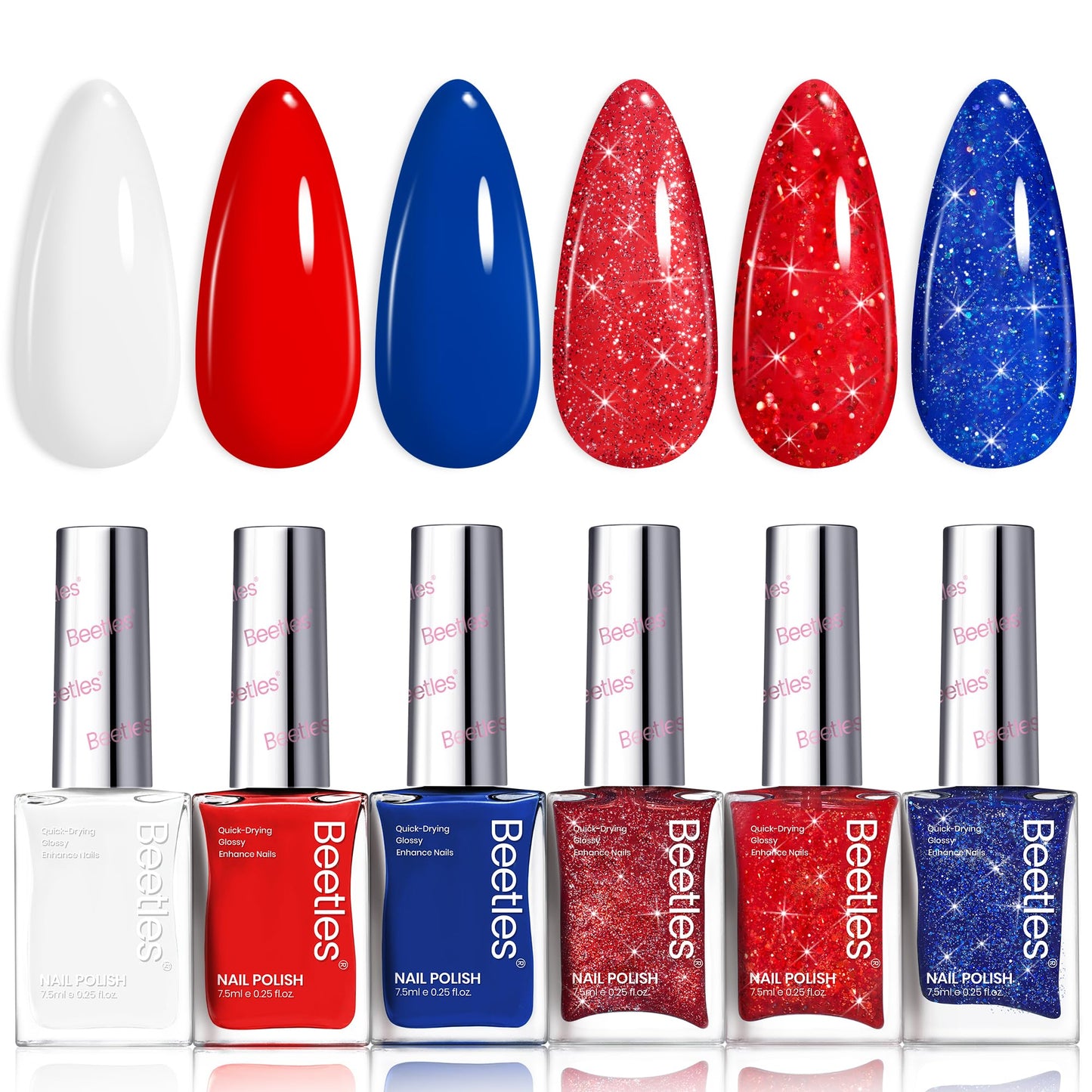 Beetles 4th of July Nail Polish - Midnight Fireworks, 6 Colors Red White and Blue Nail Polish Set Sparkle Glitter Fingernail, Quick Dry Long Lasting DIY Red White and Blue Nails Art Design for Summer