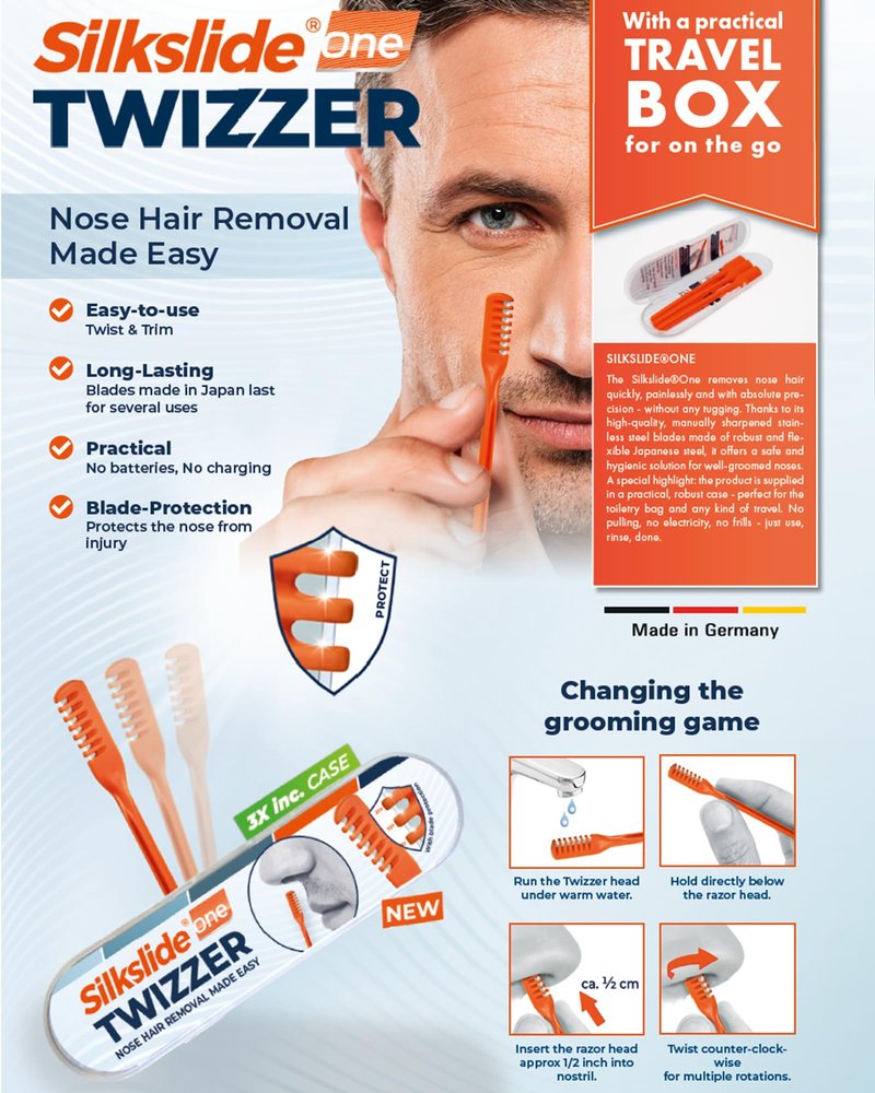 Silkslide®One TWIZZER – Nose Hair Trimmer for Men and Women – Compact Travel Case – Twist & Trim Nasal Hair Removal – Japanese Premium Blades – No Electricity or Batteries